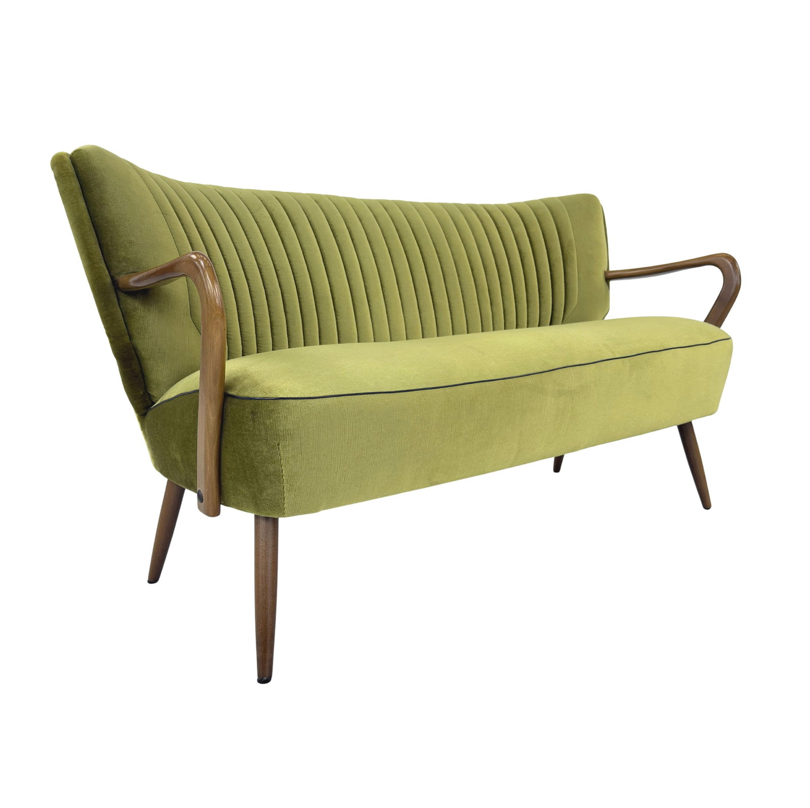 DANISH BANANA SOFA, 1950s: Dimensions: H 29.5” x W 53” x D 27.5” x SH 18.5”. Vintage Danish Banana Cocktail sofa in green velvet with curved armrests.