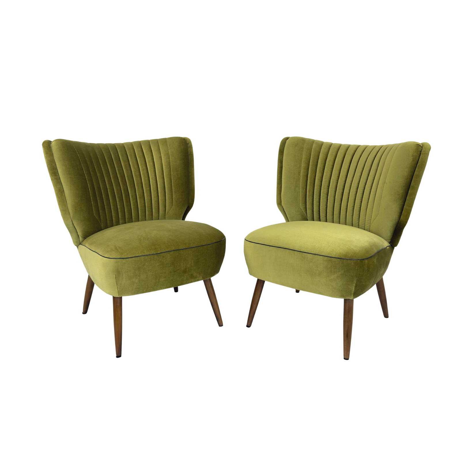 DANISH COCKTAIL CHAIRS, A PAIR: Dimensions: H 29.5” x W 20.5” x D 28” x SH 18”. Pair of Vintage Danish Cocktail chairs in green velvet.