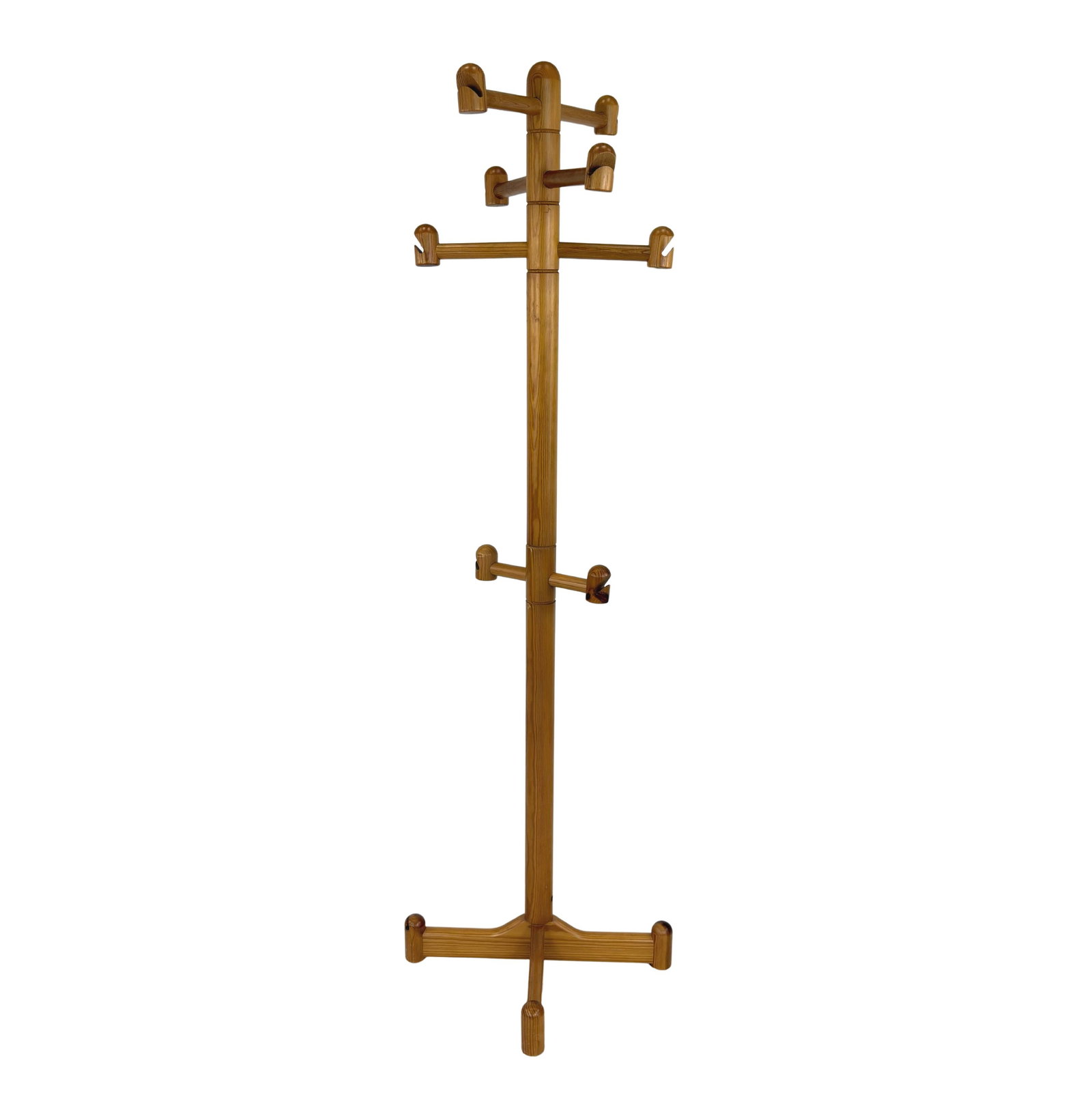 PINE COAT RACK MANNER OF NANNA DITZEL: Dimensions: H 67” x W 21.5”. Vintage Danish pine coat rack manner of Nanna Ditzel with 8 hooks.