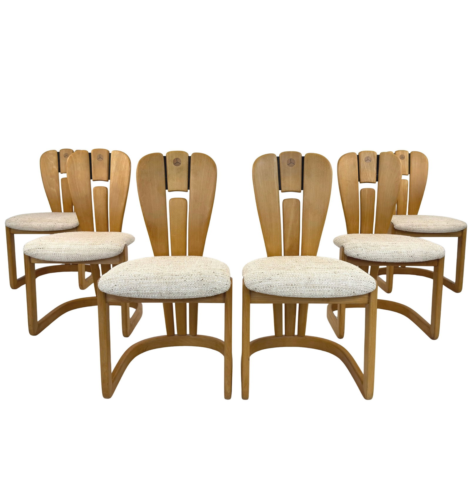 (6) DUTCH BRUTALIST DINING CHAIRS: Dimensions: H 34” x W 17.5” x D 21” x SH 18”. Set of 6 Dutch Brutalist dining chairs with sculptural backrests and newly upholstered seats.