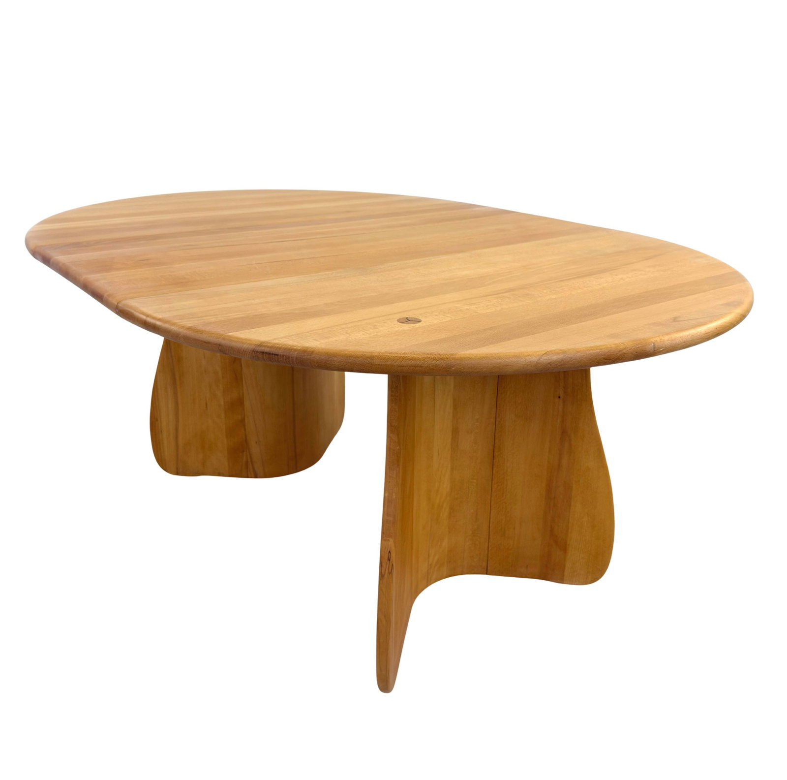 DUTCH EXTENDABLE DINING TABLE: Dimensions: H 28” x W 45.5”. Vintage Dutch Brutalist extendable dining table with curved panel base. Dimensions (extended) 63.3".