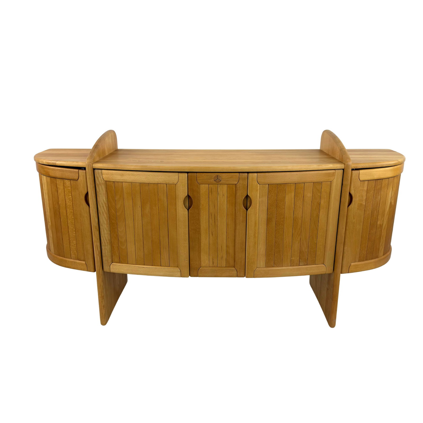 DUTCH CURVED SIDEBOARD: Dimensions: H 32.5” x W 74” x D 20.5”. Vintage Dutch curved sideboard with 4 cupboards with slatted doors and one pull-out cupboard.