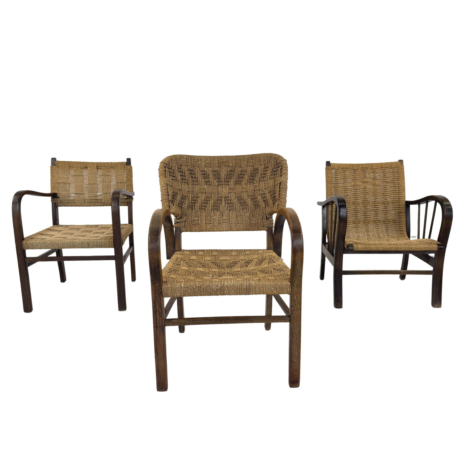 (3) DUTCH ARMCHAIRS ATTR. TO ERICH DIECKMANN: Dimensions: H 33” x W 21” x SD 19” x SH 17”. Set of 3 Dutch bentwood armchairs with woven rope seats and backrests attr. to Erich Dieckmann. Dimensions (2nd stool) 30.5”