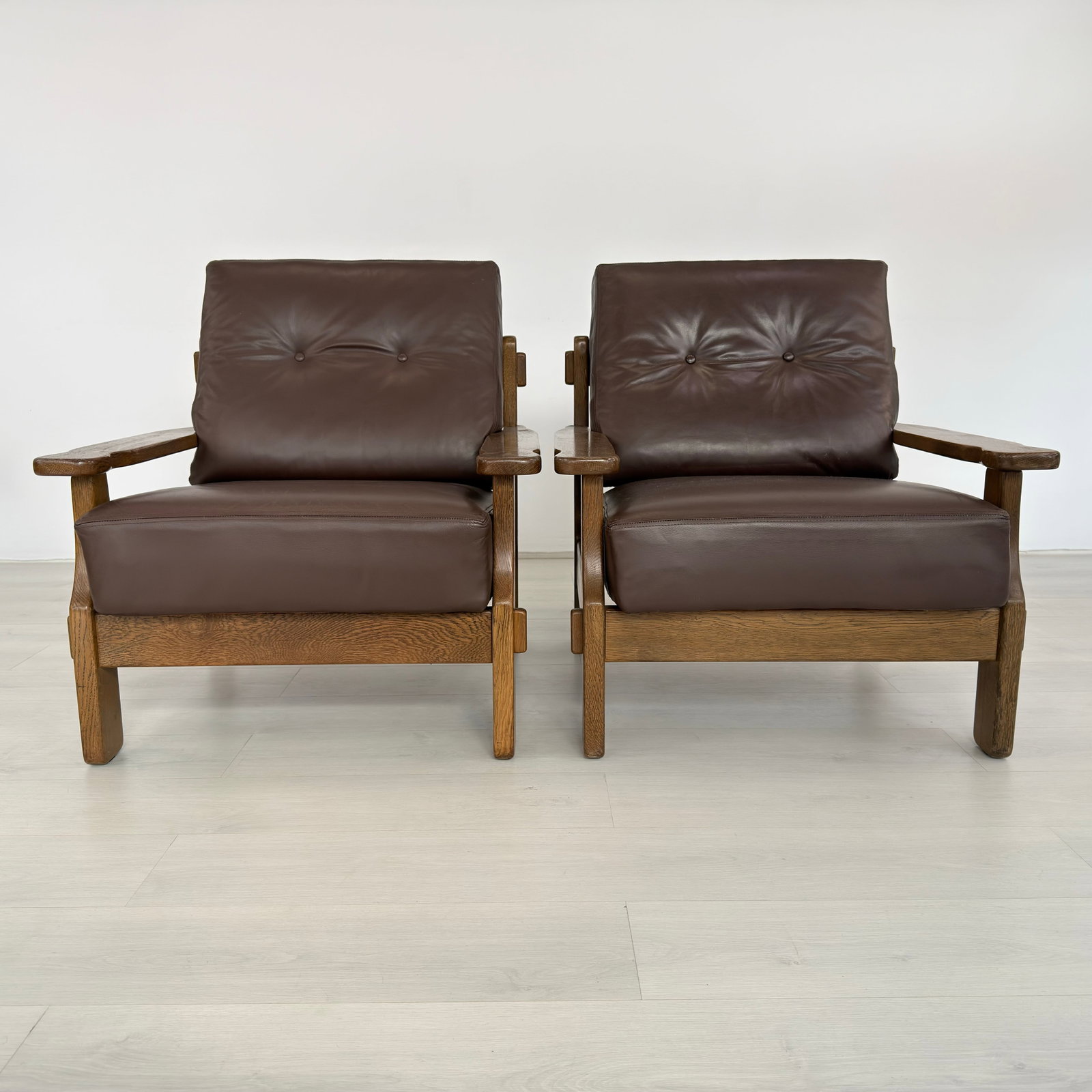 BRUTALIST LEATHER ARMCHAIRS, A PAIR - 2