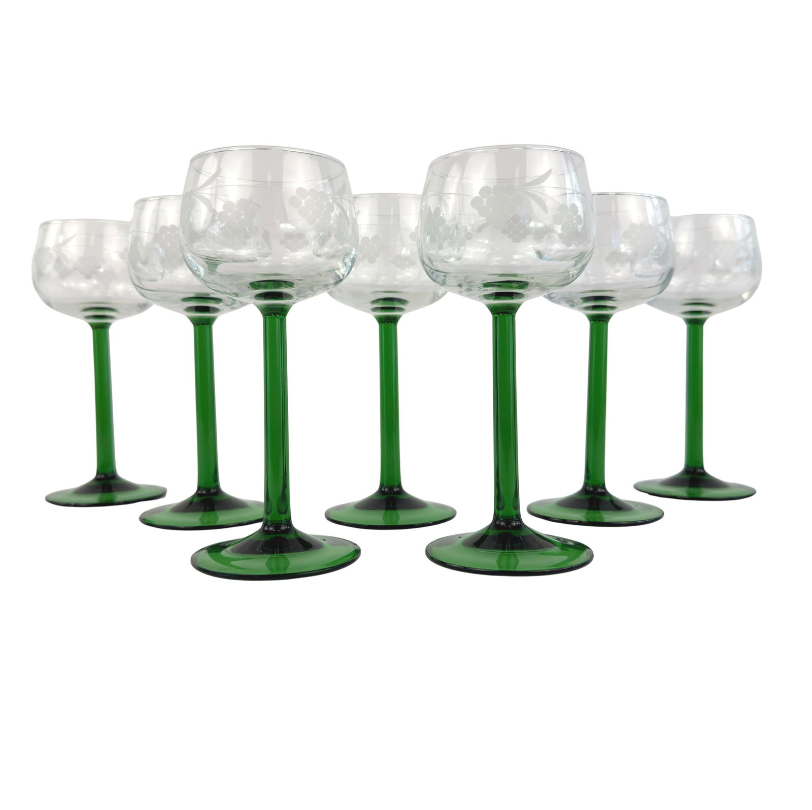 (7) LUMINARC WINE GLASSES: Dimensions: H 6.5” x W 2.5”. Set of 7 Vintage French Luminarc Rhine green stem wine glasses.