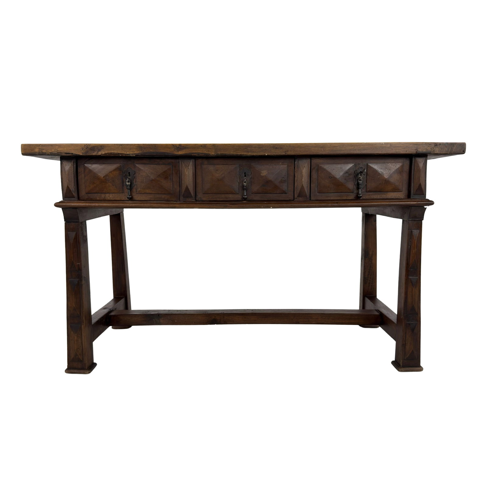 ANTIQUE SPANISH CONSOLE TABLE: Dimensions: H 30.3” x W 55” x D 25”. Antique Spanish Baroque carved wood console table with three central drawers.
