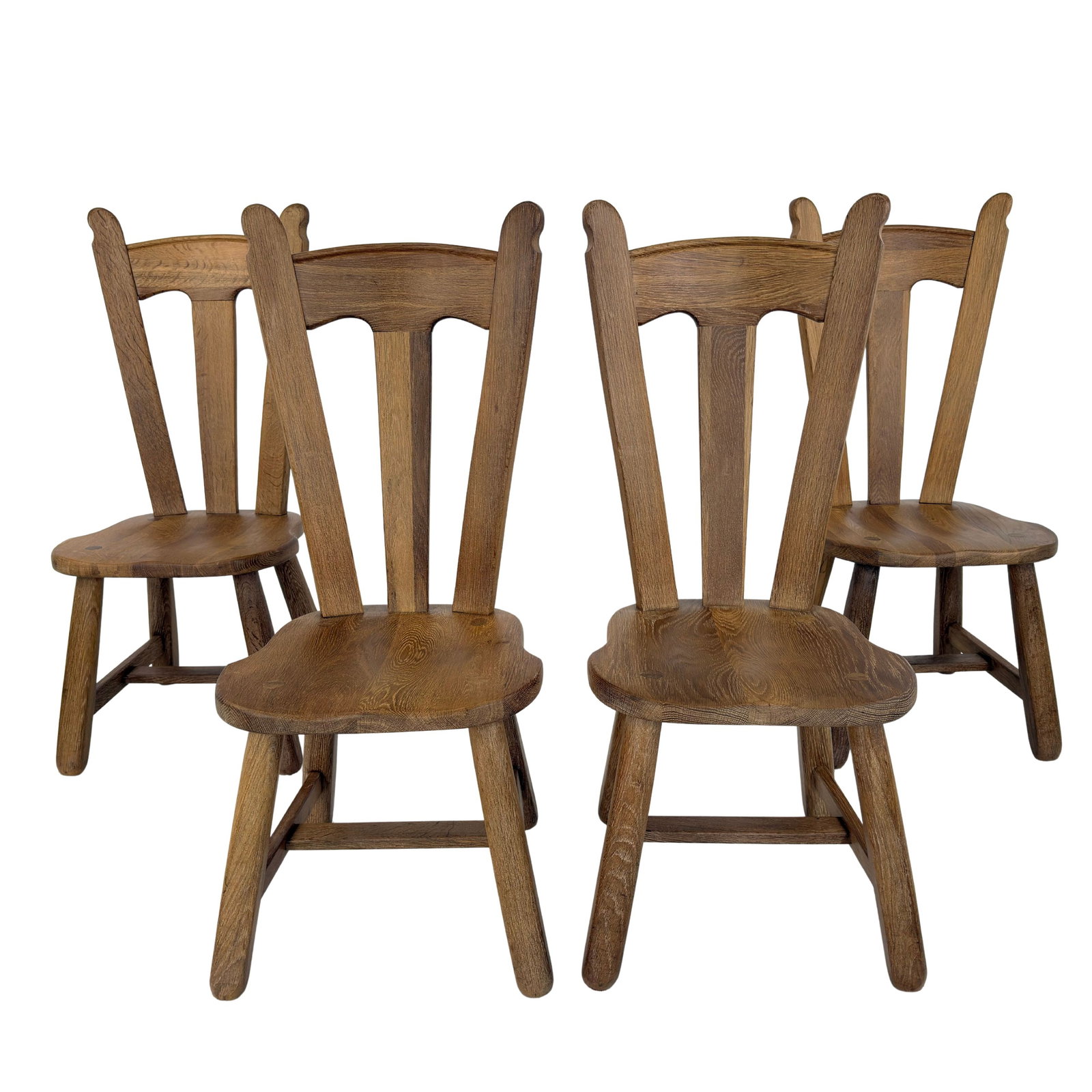 (4) BRUTALIST DE PUYDT DINING CHAIRS: Dimensions: H 43.5” x W 18.5” x D 22” x SH 18”. Set of 4 Belgian Brutalist oak dining chairs by De Puydt.