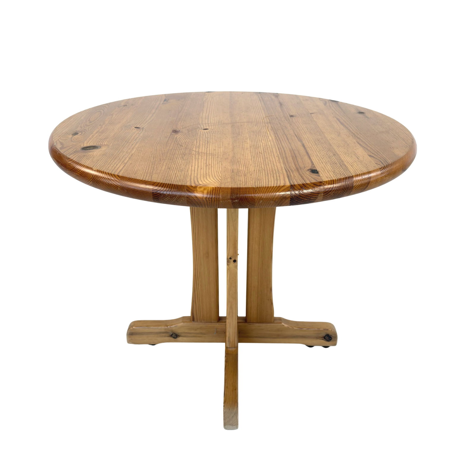 RAINER DAUMILLER COFFEE TABLE: Dimensions: H 21.3” x W 25.5”. Vintage Danish round pine coffee table designed by Rainer Daumiller in the 1970s.