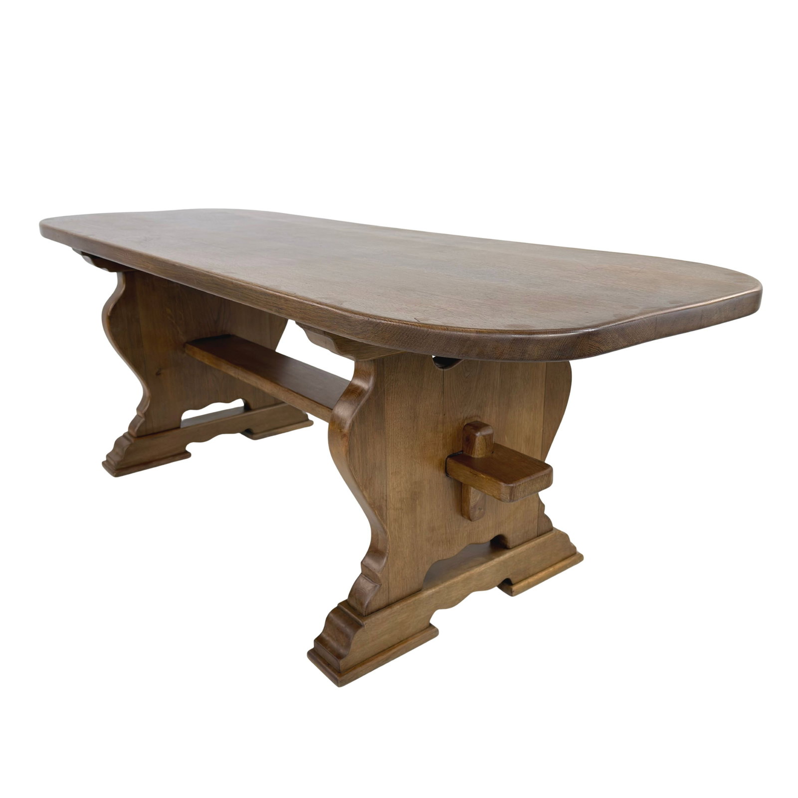 KJAERNULF FARMHOUSE DINING TABLE: Dimensions: H 30” x W 86.5” x D 31.5”. Vintage Dutch oak Farmhouse trestle dining table attributed Kjaernulf