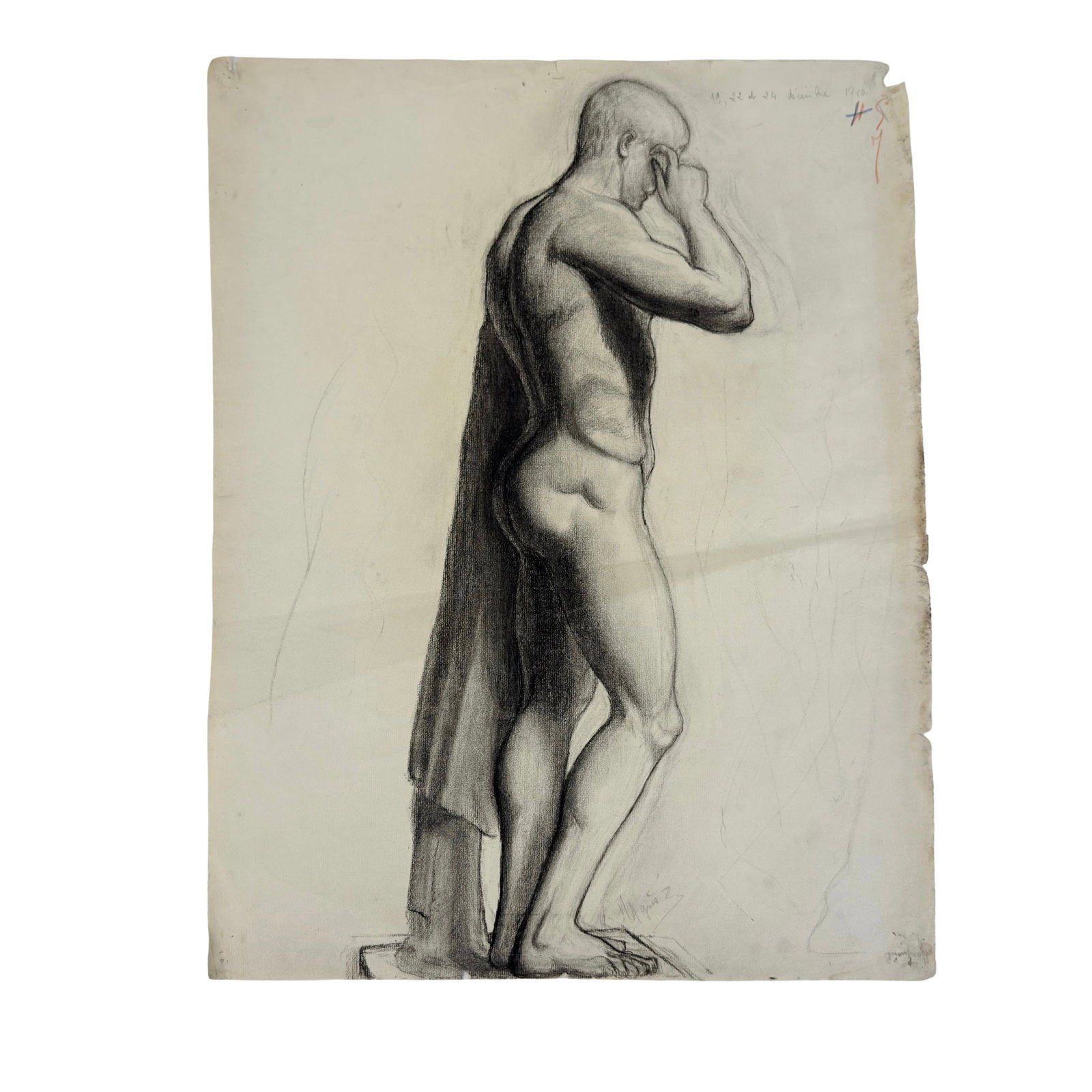 CHARCOAL DRAWING: Dimensions: H 24.5” x W 19”. Charcoal drawing of a male nude figure. Signed. (55)