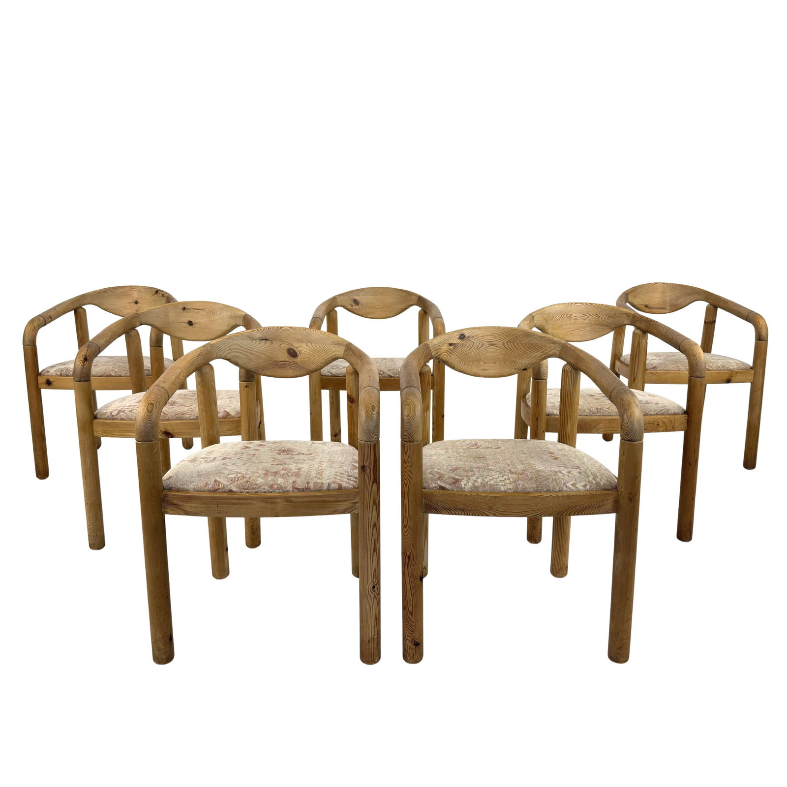 (7) RAINER DAUMILLER DINING CHAIRS: Dimensions: H 31” x W 22” x D 21” x SH 19”. Set of 7 Scandinavian pine dining armchairs designed by Rainer Daumiller in the 1970s with beige fabric seats.