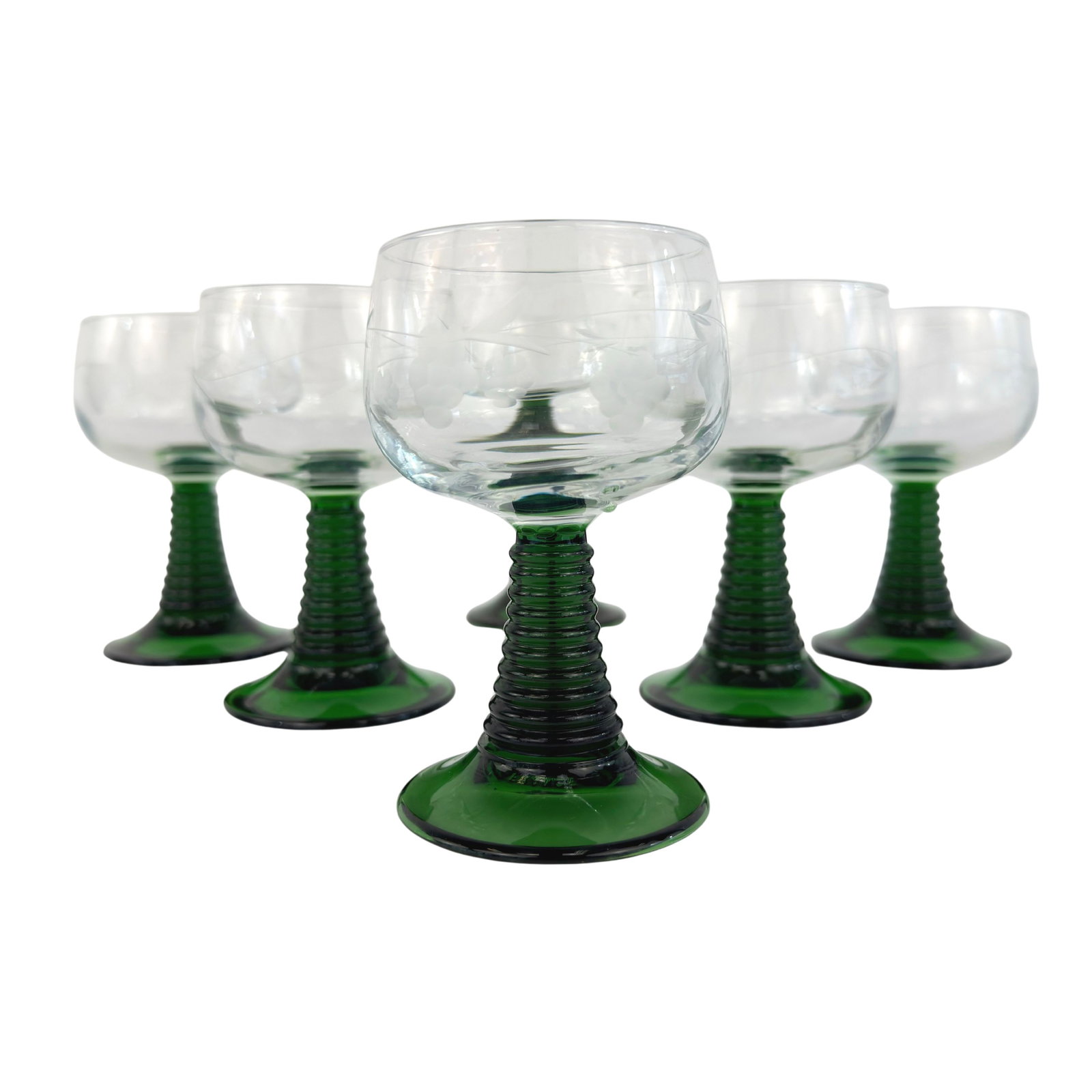 (6) LUMINARC FRENCH WINE GLASSES: Dimensions: H 4.5” x W 2.5”. Set of 6 Luminarc French wine glasses with green ribbed beehive stem.