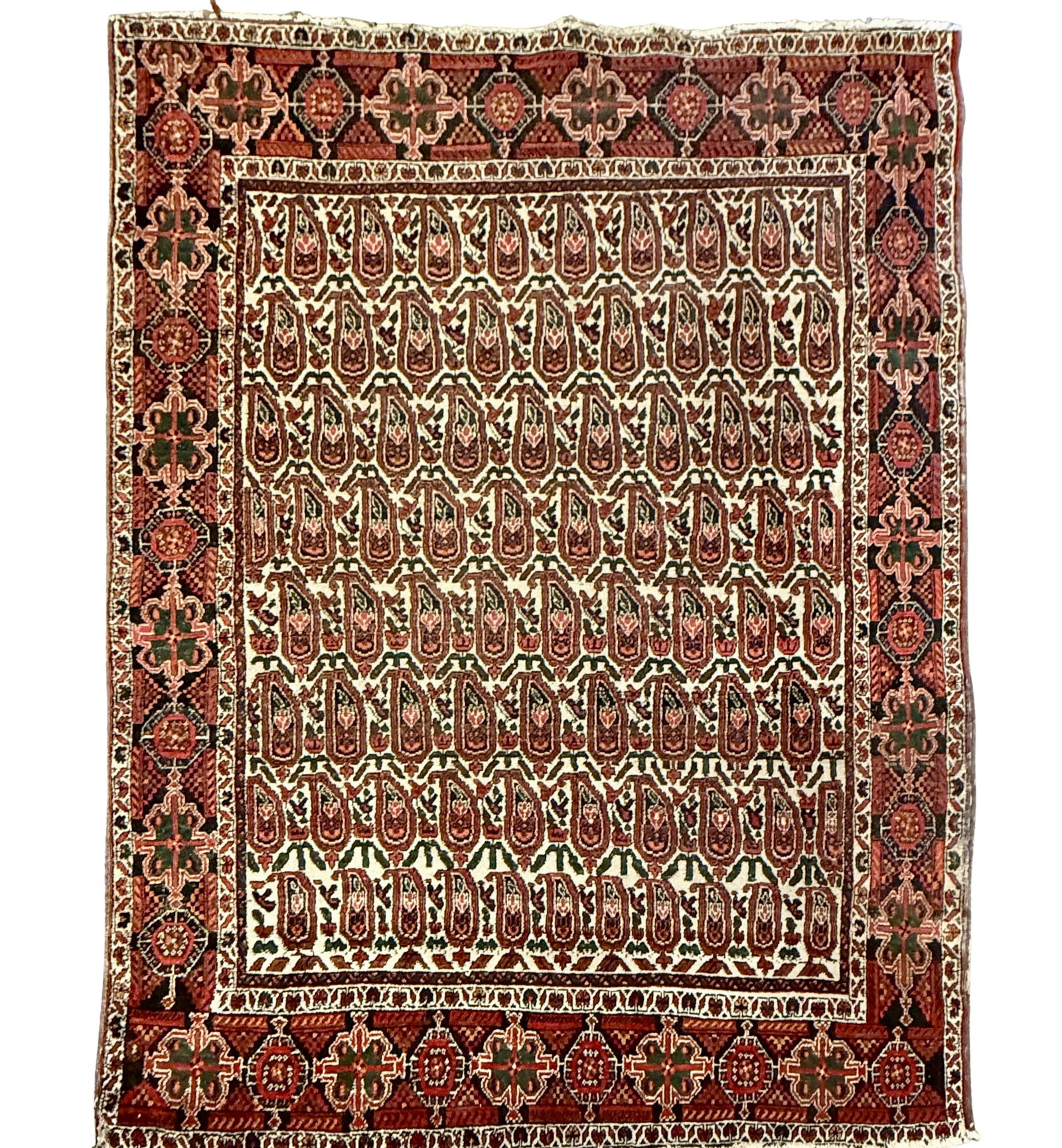 VINTAGE PERSIAN ZILI SULTAN RUG: Dimensions: H 5'10" x W 4'5". Rare Persian hand-knotted rug with geometric boteh design.