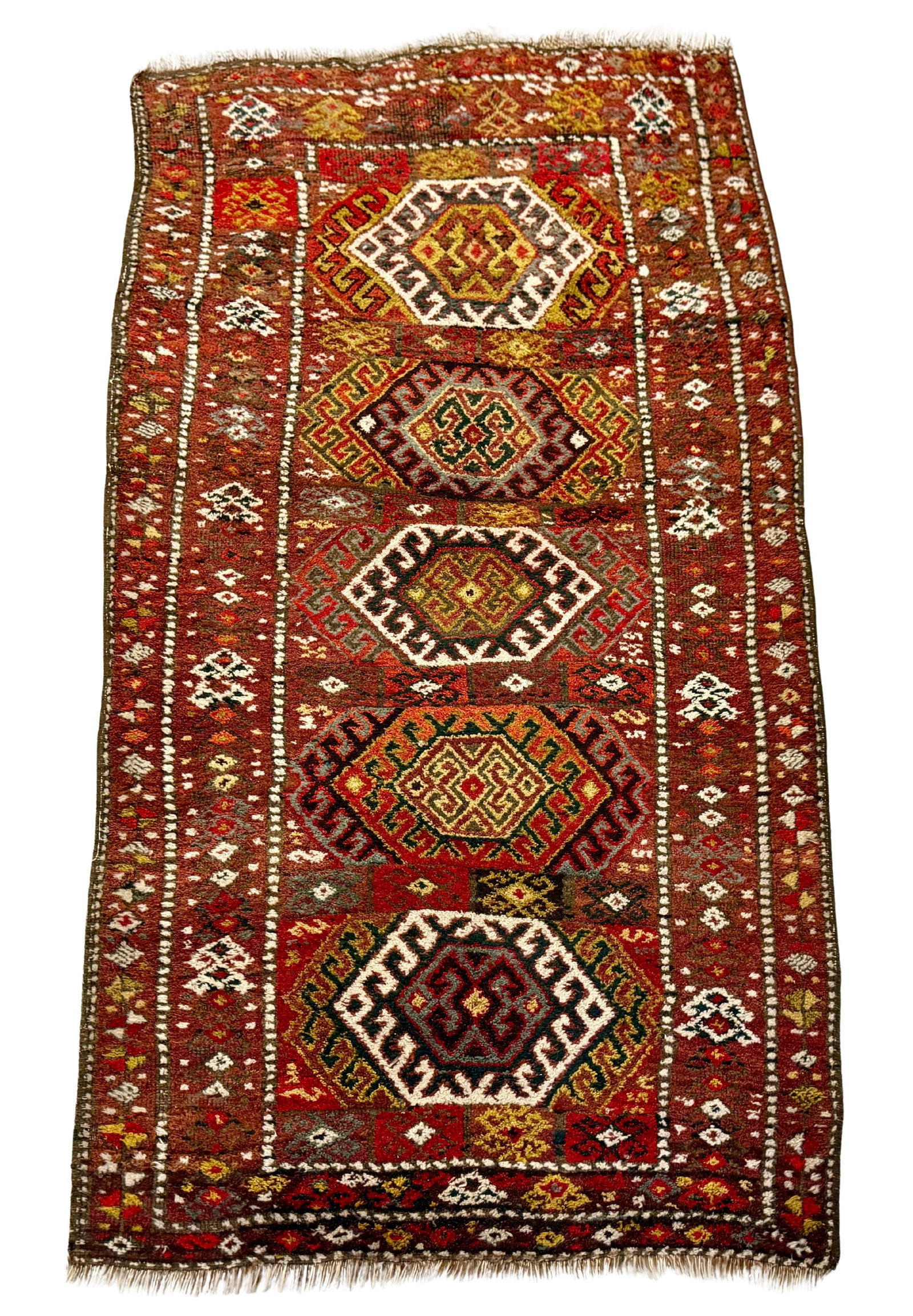 ANTIQUE KAZAK WOOL RUG: Dimensions: H 7'11" x W 4'3". Finely knotted Caucasian wool rug from the Shirvan region.