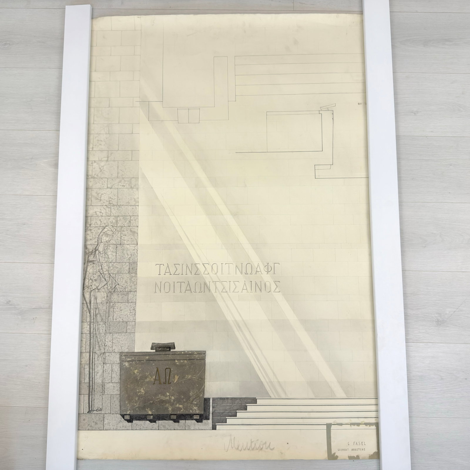 VINTAGE ARCHITECTURAL DESIGN: Dimensions: H 48.5” x W 31.5”. Architectural print of a monument by G. Fasel. (8)