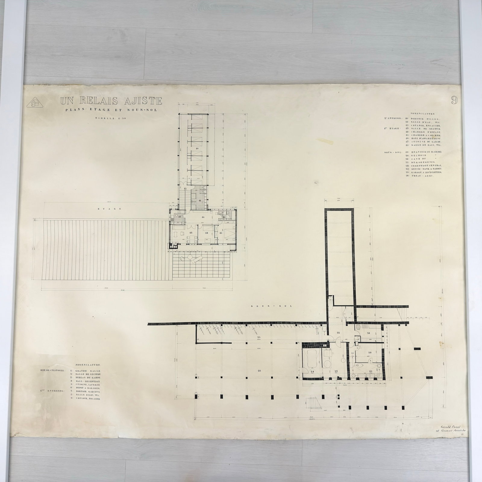 (4) VINTAGE ARCHITECTURAL DESIGN: Dimensions: H 48.7” x W 62.3”. Set of 4 architectural prints of a House by G. Fasel. Dimensions: H 48.7” x W 62.3”/ H 48.7” x W 63.3”/ H 48.7” x W