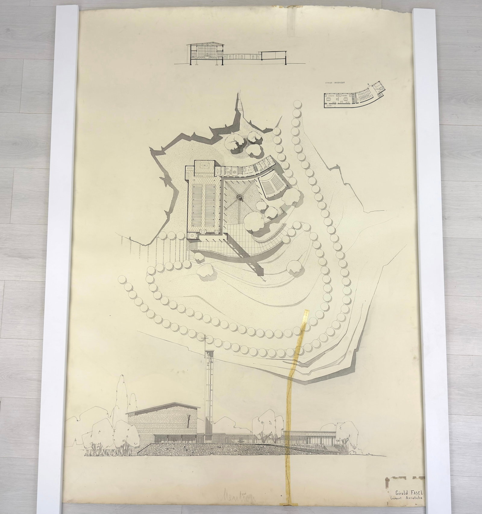 VINTAGE ARCHITECTURAL DESIGN: Dimensions: H 64” x W 45.3”. Architectural print of a site plan by G. Fasel. (42)