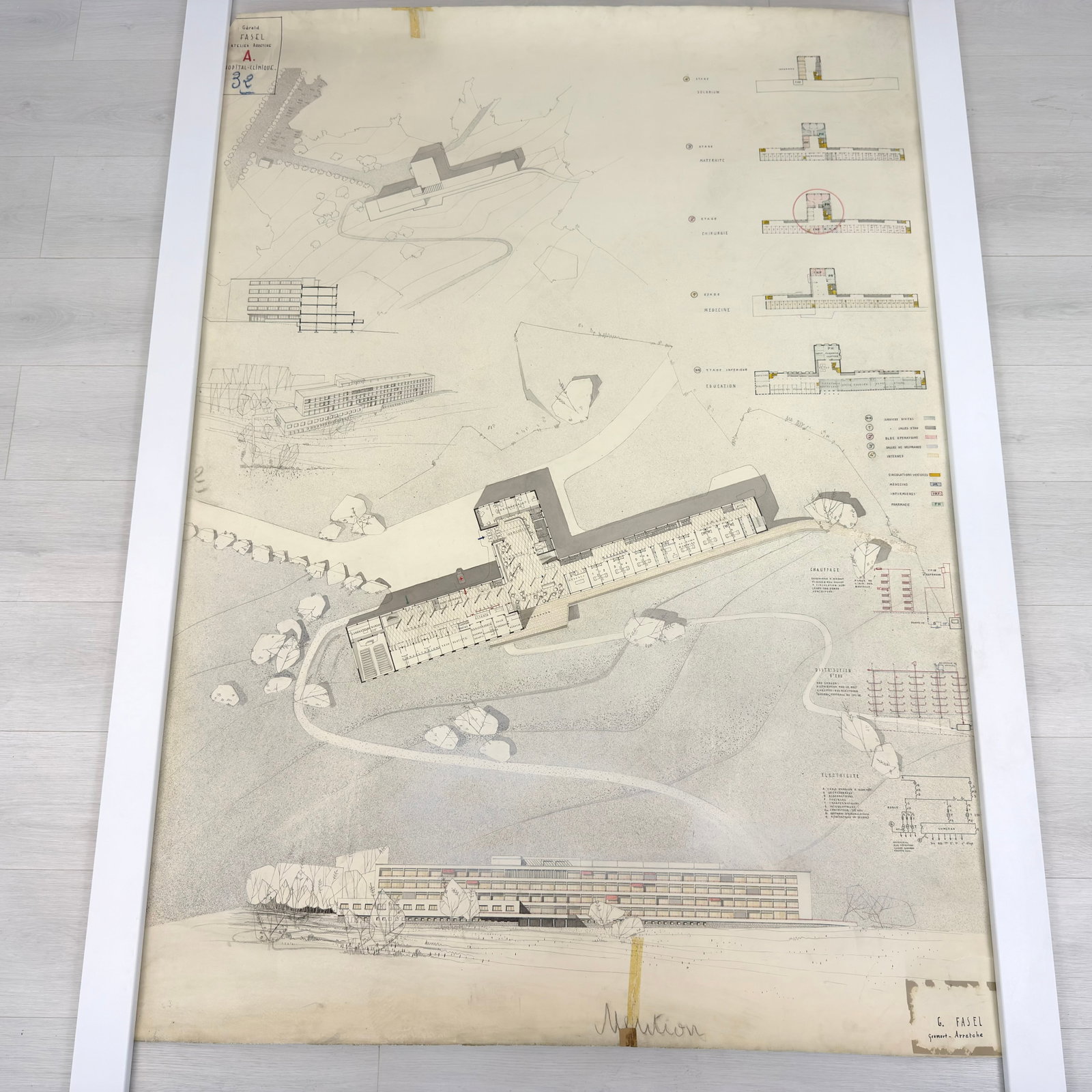 VINTAGE ARCHITECTURAL DESIGN: Dimensions: H 64.5” x W 45.3”. Architectural print of a site plan by G. Fasel. (44)