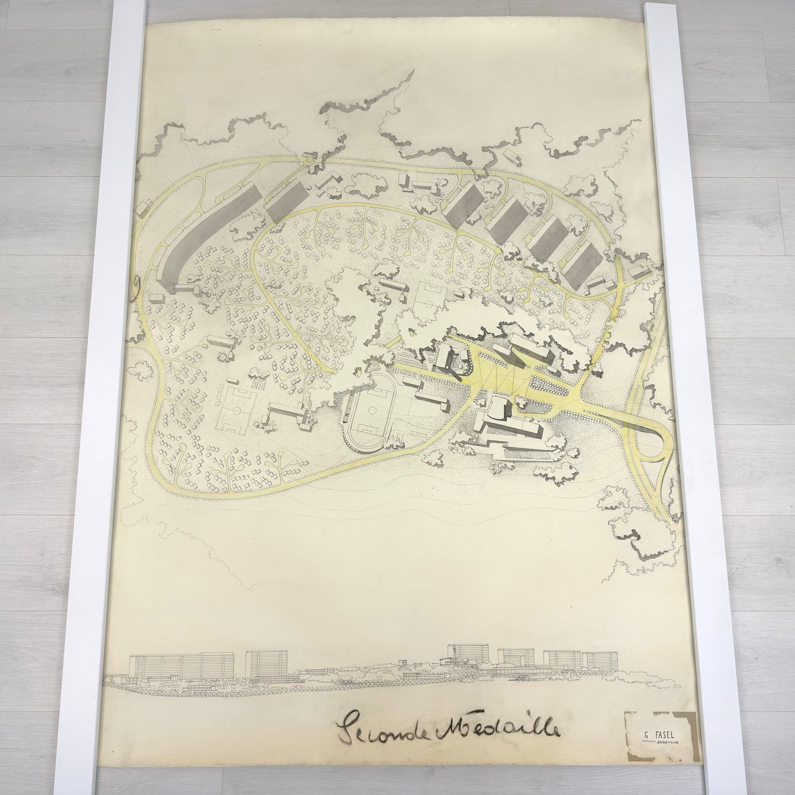 VINTAGE ARCHITECTURAL DESIGN: Dimensions: H 65” x W 46”. Architectural print of a site plan by G. Fasel. (45)