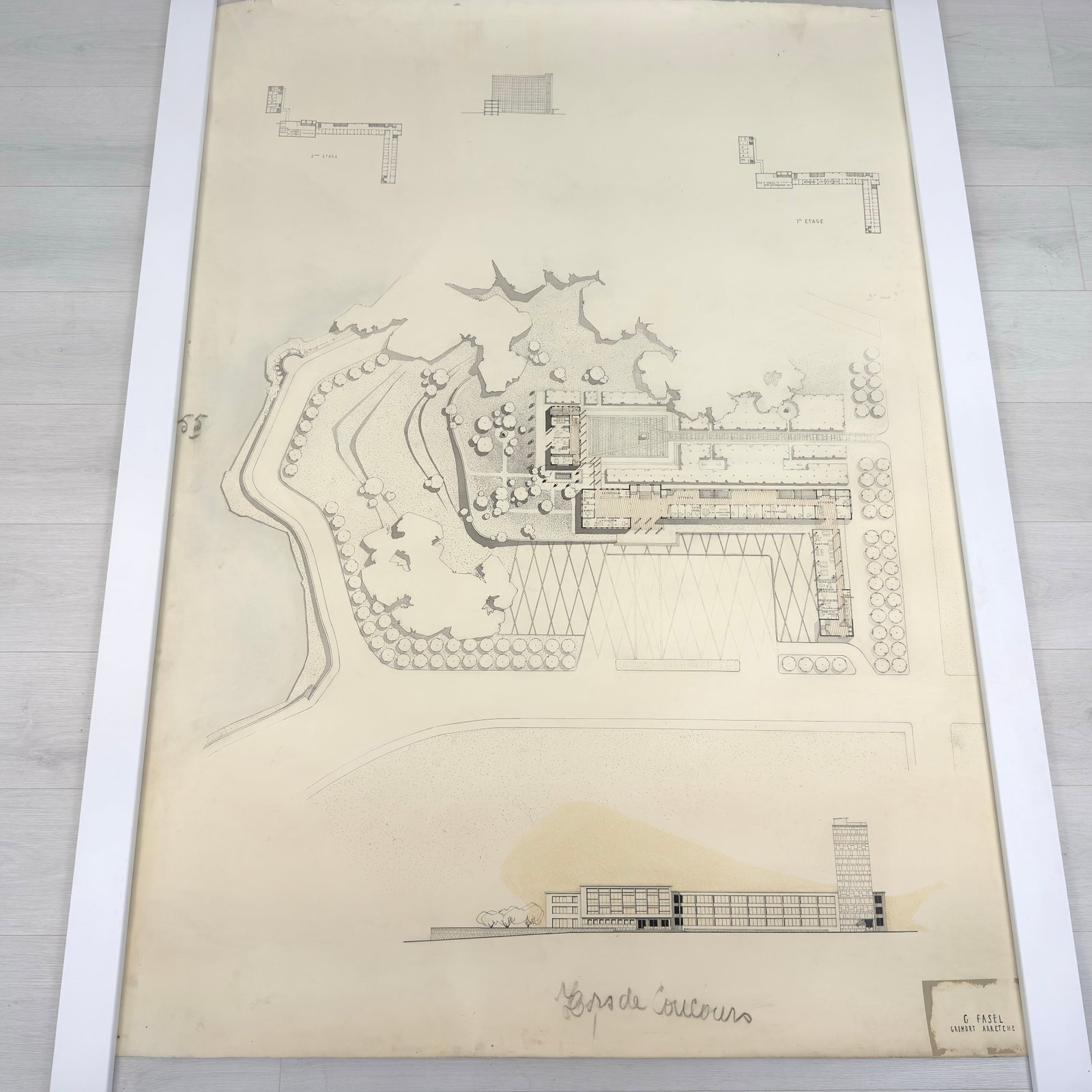 VINTAGE ARCHITECTURAL DESIGN: Dimensions: H 64.5” x W 46.5”. Architectural print of a site plan by G. Fasel. (46)