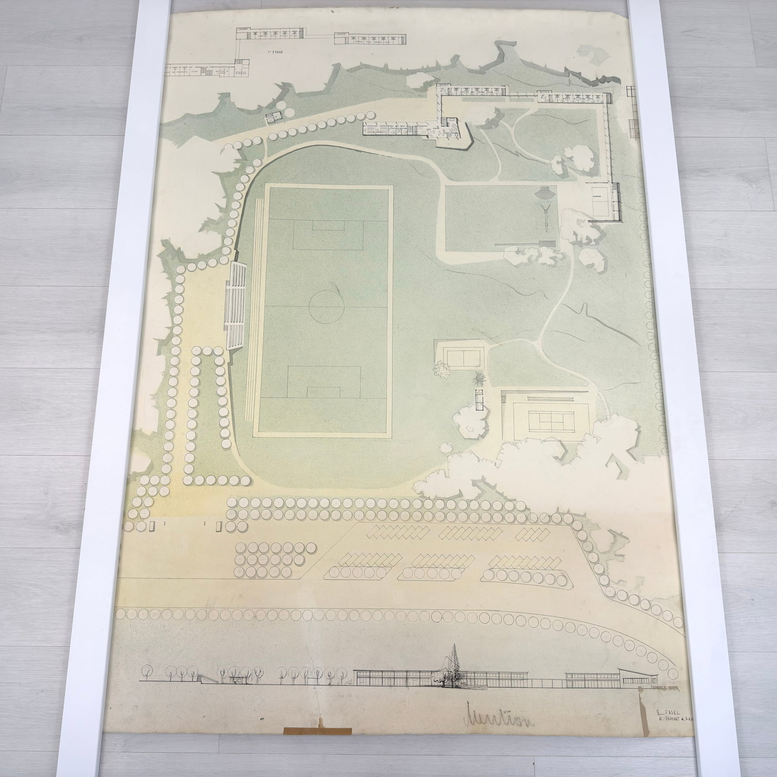 VINTAGE ARCHITECTURAL DESIGN: Dimensions: H 64.5” x W 44.5”. Architectural print of a site plan by G. Fasel. (47)