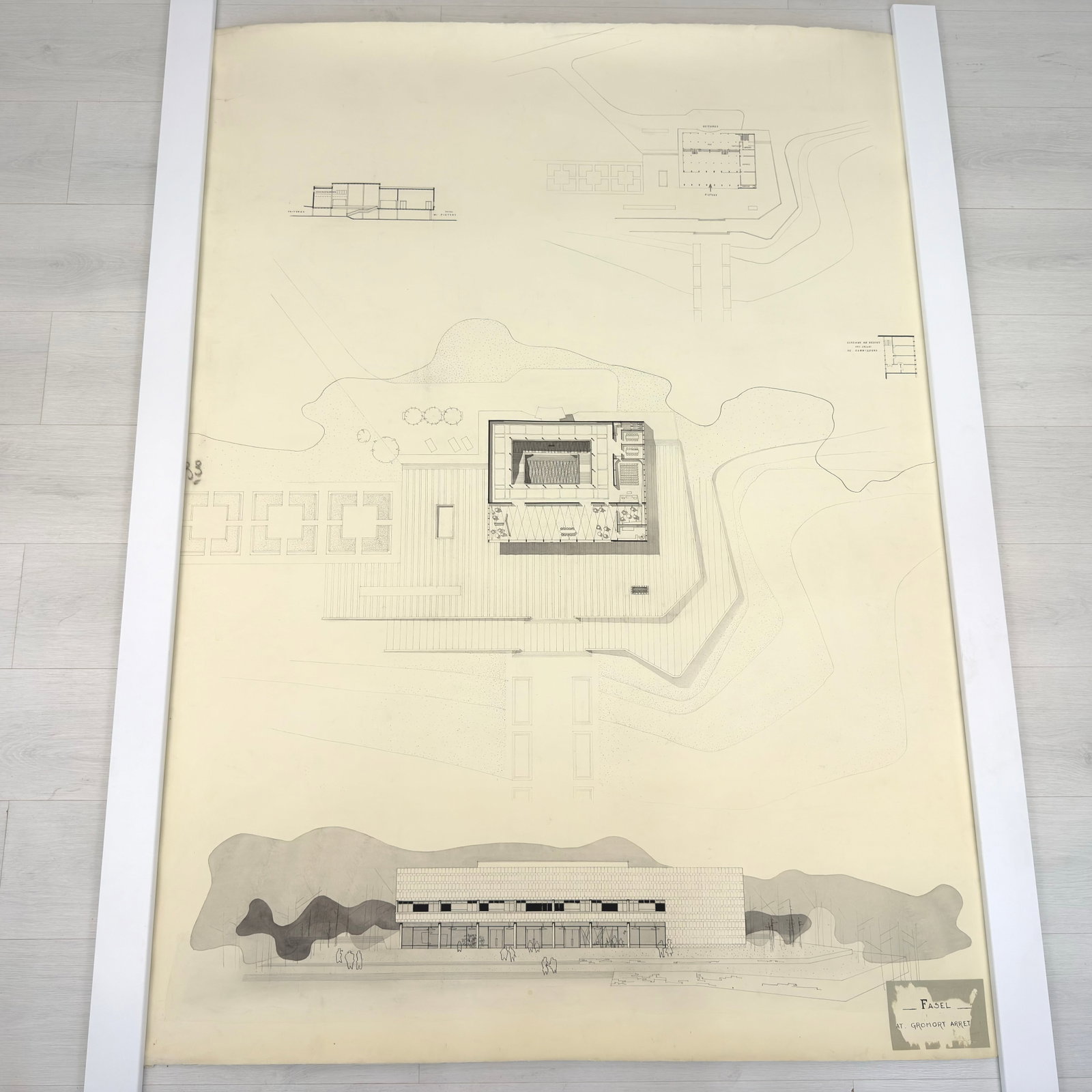 VINTAGE ARCHITECTURAL DESIGN: Dimensions: H 64.5” x W 46.3”. Architectural print of a site plan by G. Fasel. (50)