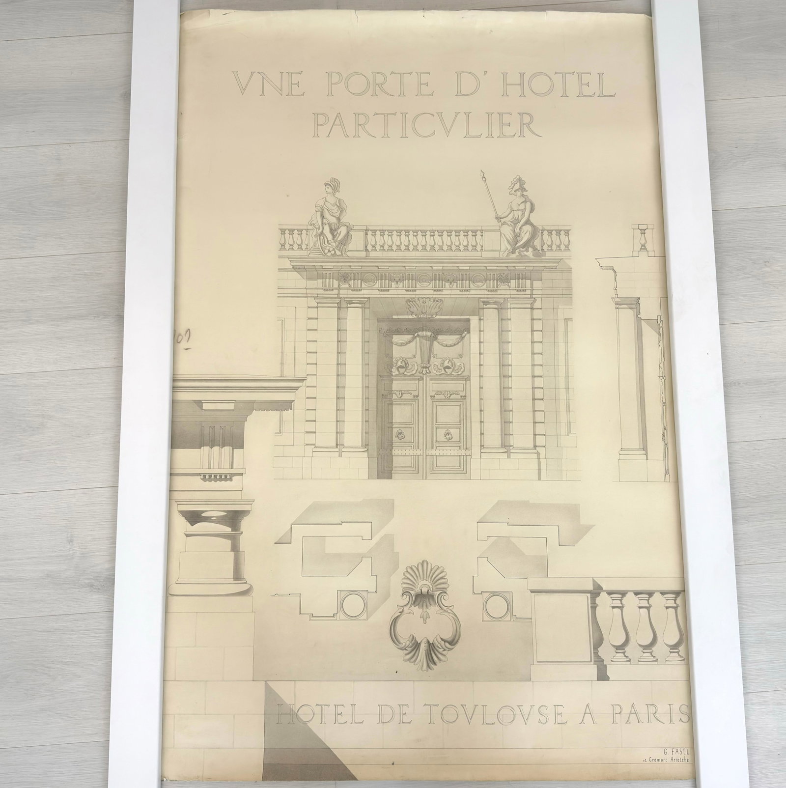 VINTAGE ARCHITECTURAL DESIGN: Dimensions: H 48.3” x W 27”. Architectural print of a hotel doorway by Gerald Fasel. (1)