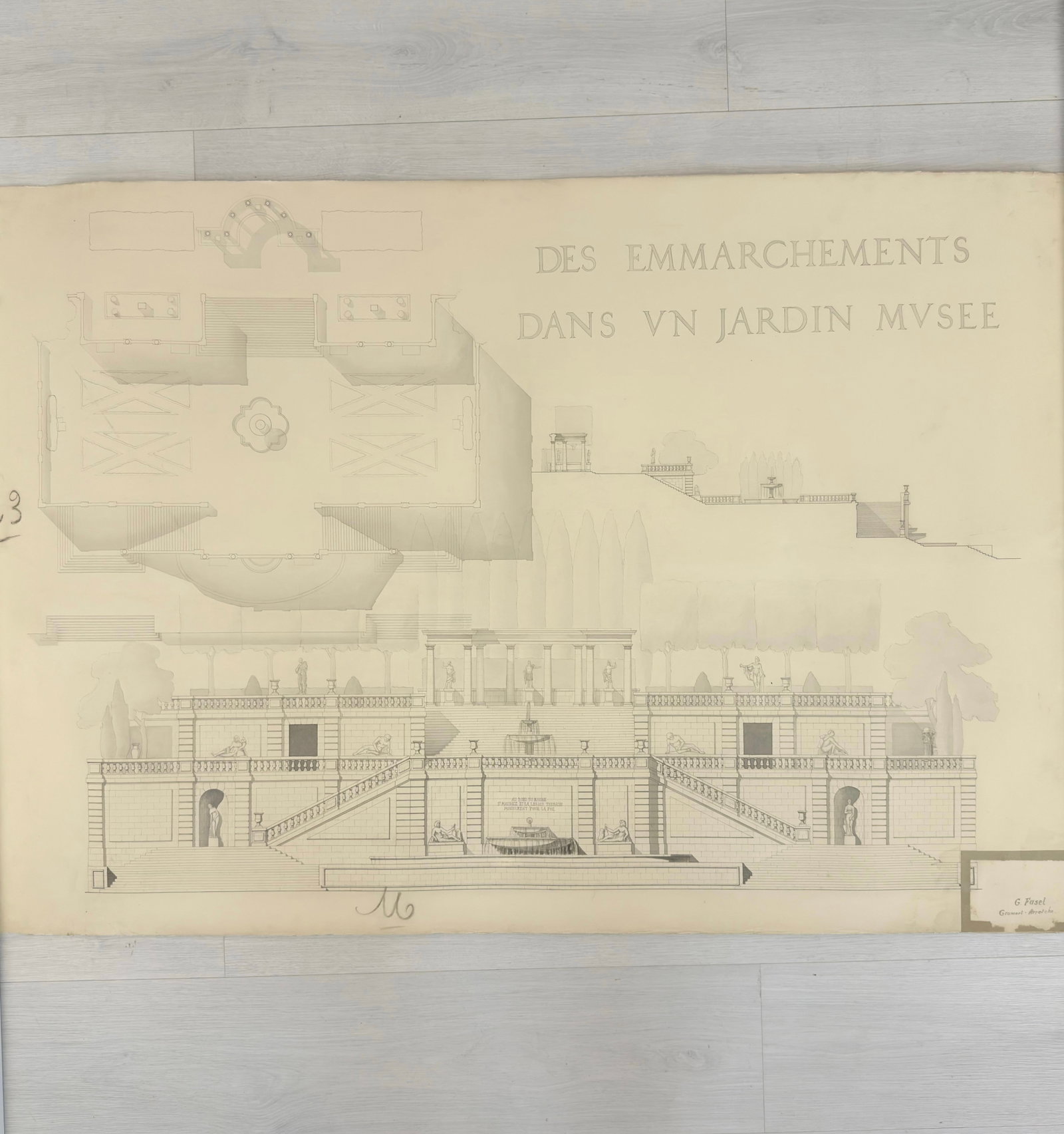 VINTAGE ARCHITECTURAL DESIGN: Dimensions: H 33.5” x W 51”. Architectural print of a Museum Garden by G. Fasel. (2)