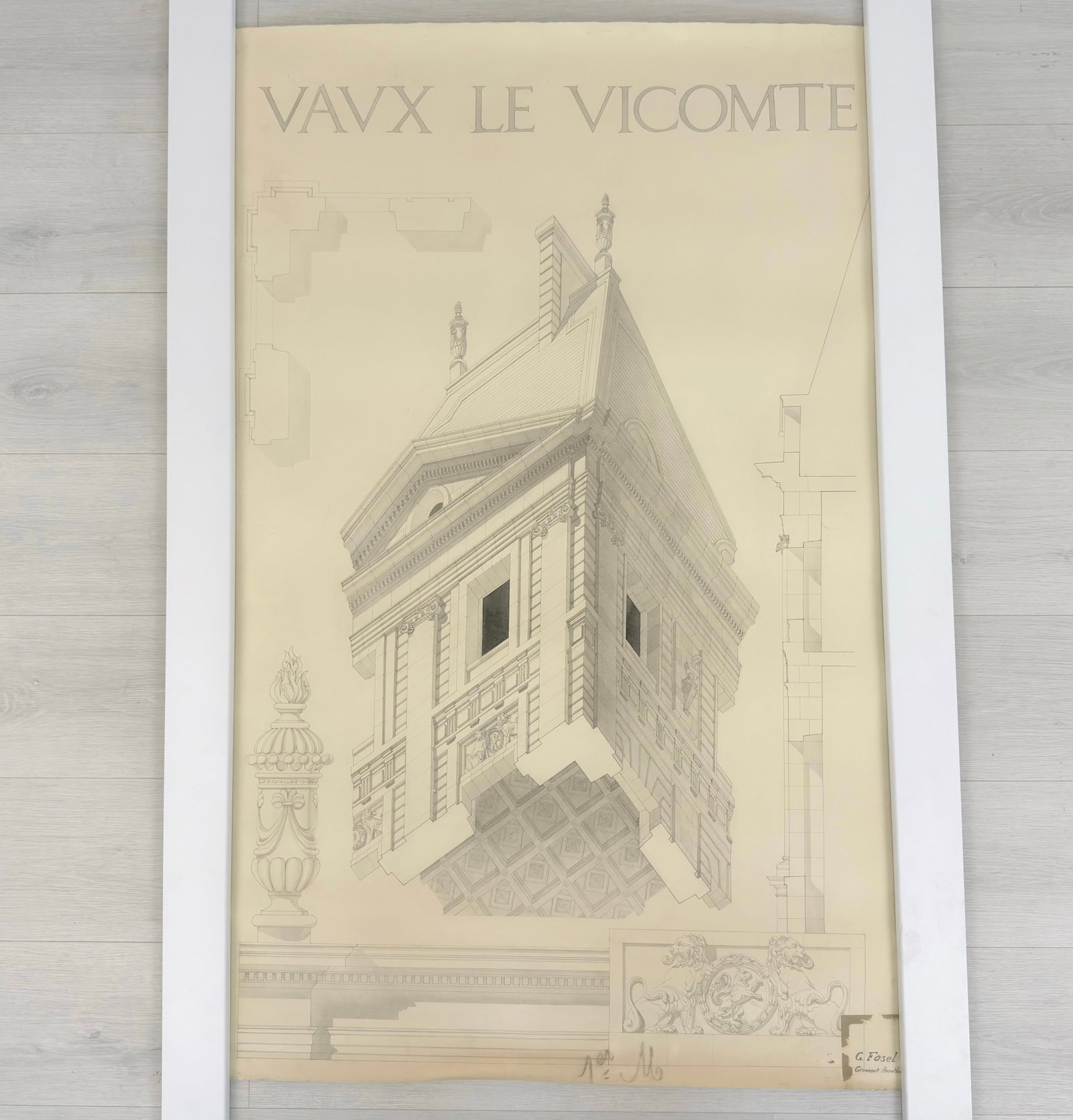 VINTAGE ARCHITECTURAL DESIGN: Dimensions: H 48.5” x W 28.7”. Architectural print of a building by G. Fasel. (4).