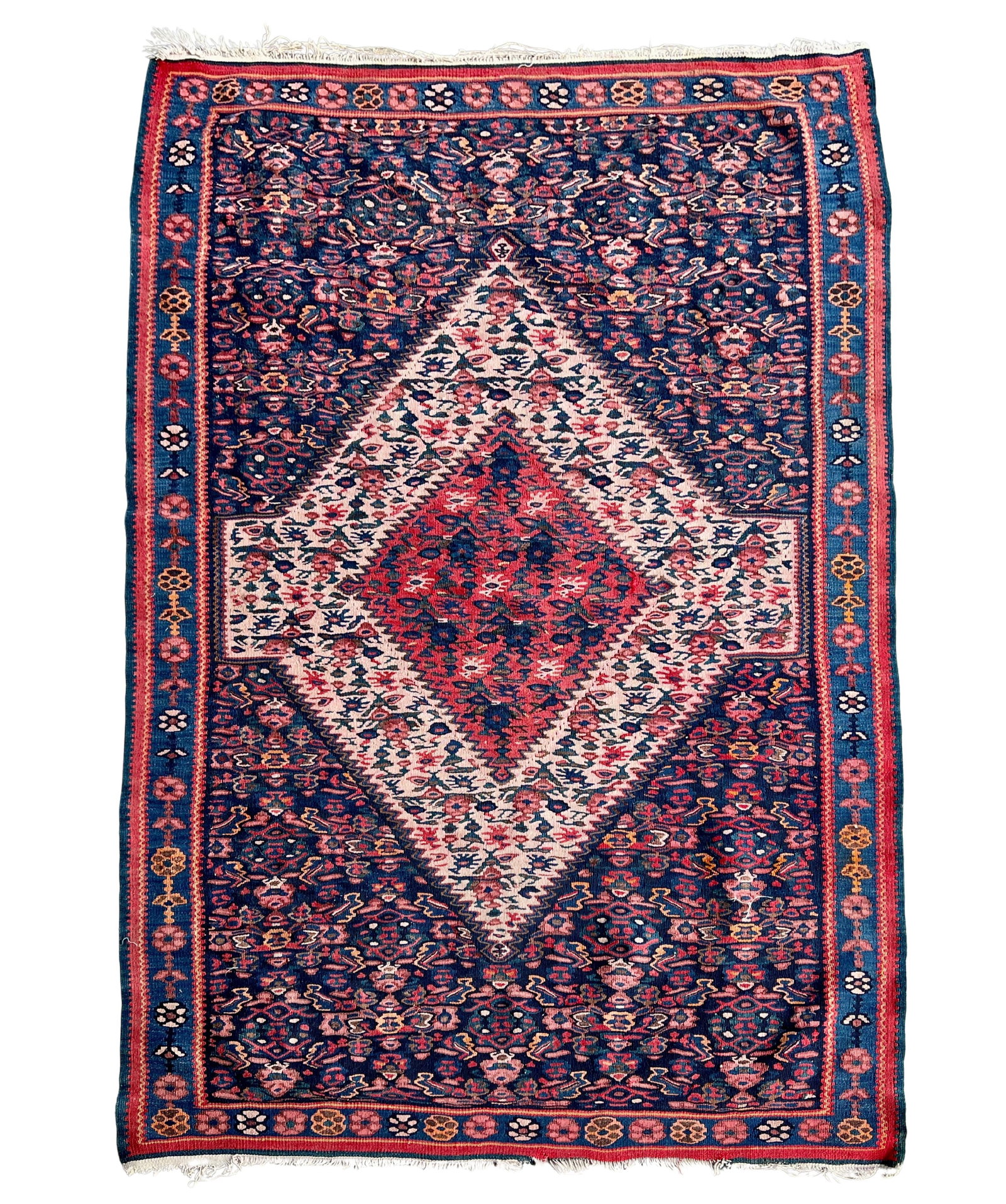 VINTAGE SENNEH KILIM RUG: Dimensions: H 4'11" x W 3'4". Vintage Senneh kilim rug with central diamond motif.