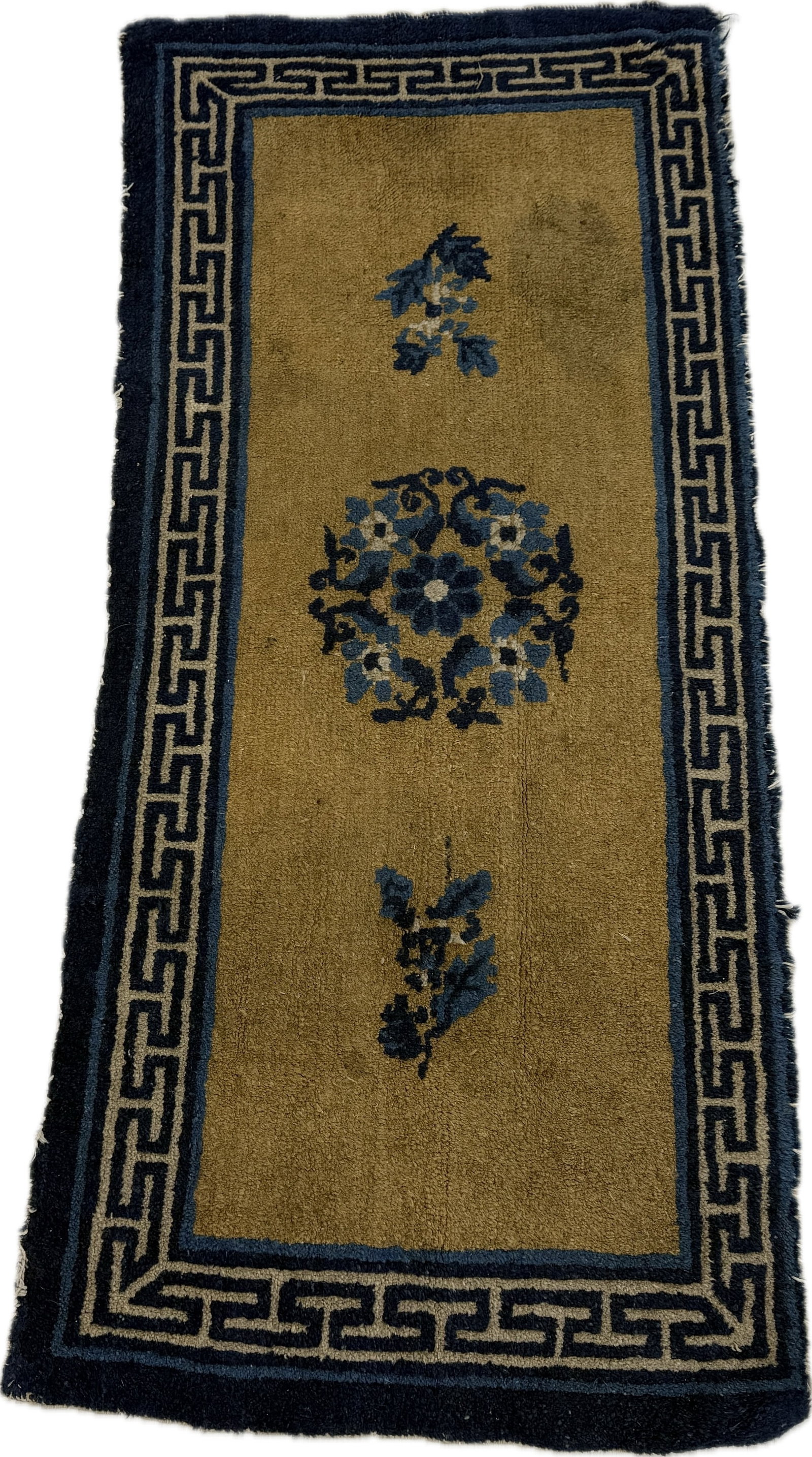 SMALL ANTIQUE PEKING RUG: Dimensions: H 4'1" x W 1'10". Blue and tan Peking or Pao Tao wool area rug.
