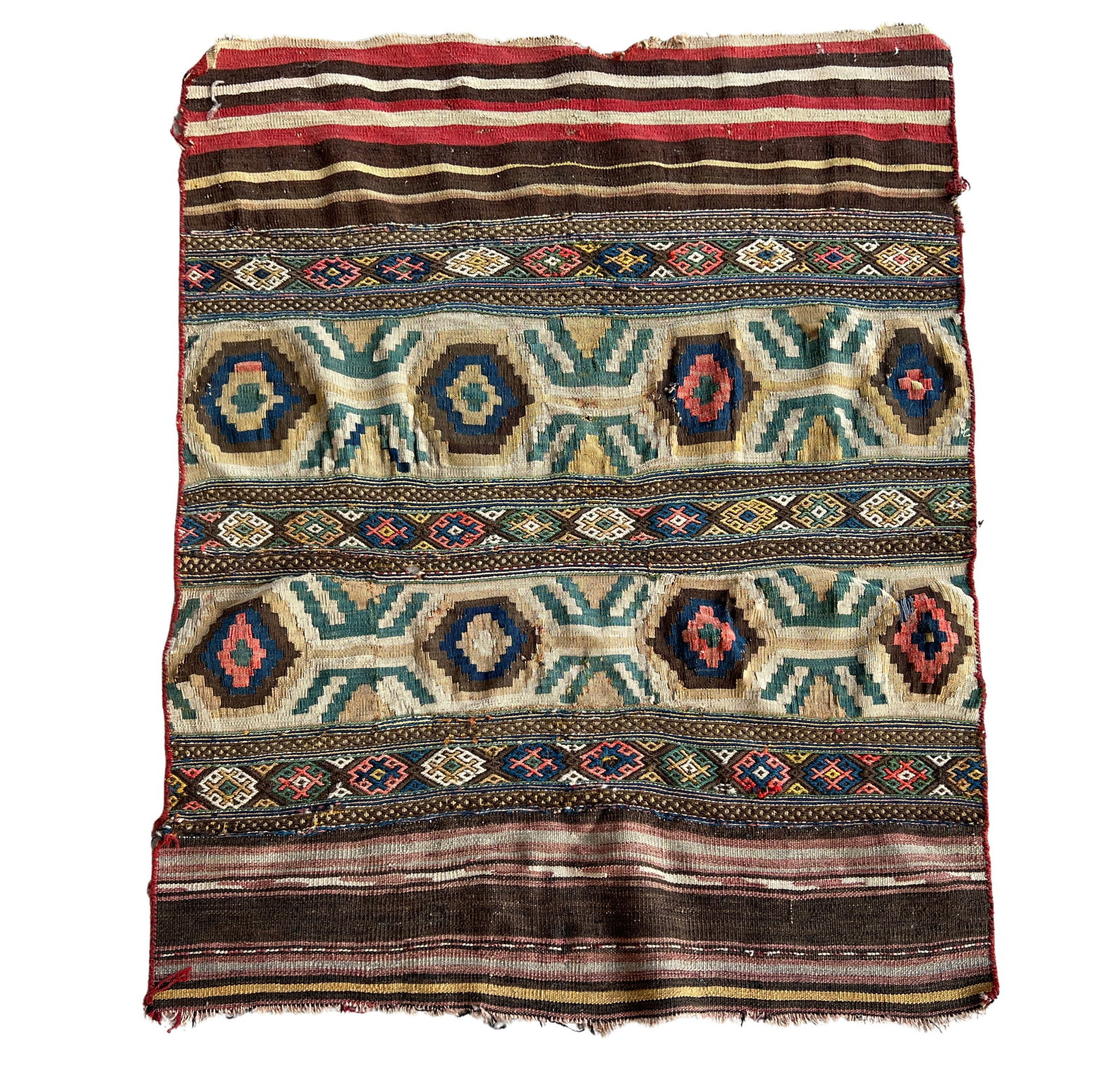 ANTIQUE PERSIAN TRIBAL KILIM: Dimensions: H 4'1" x W 3'3". Antique hand knotted Persian Tribal kilim.