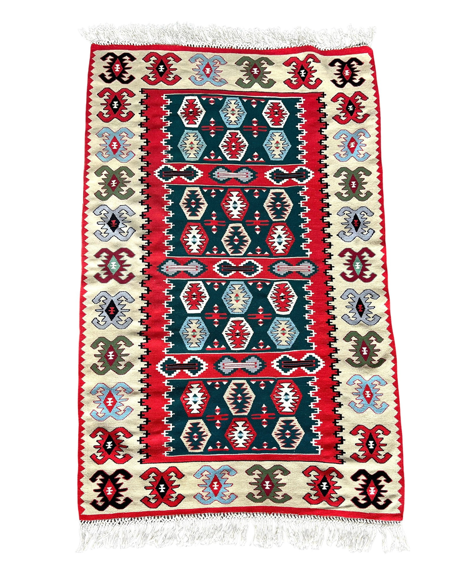 SARKOY BULGARIAN FLATWEAVE KILIM RUG: Dimensions: H 5'6" x W 3'3". Hand knotted Sarkoy Bulgarian flatweave kilim rug with geometric pattern.