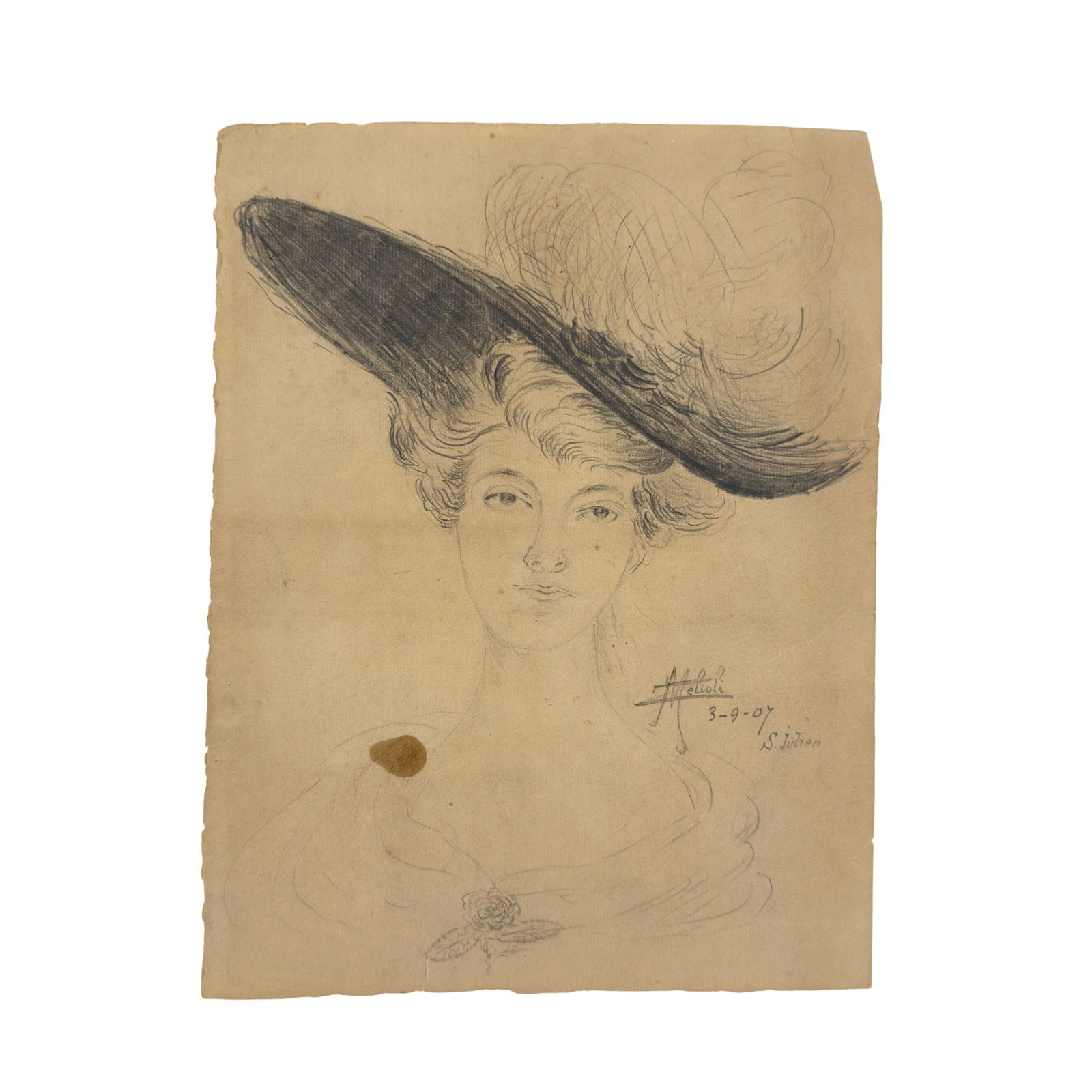 VINTAGE PENCIL DRAWING, SIGNED: Dimensions: H 12.3” x W 9.5”. Pencil drawing of a woman with a feathered hat. Signed.