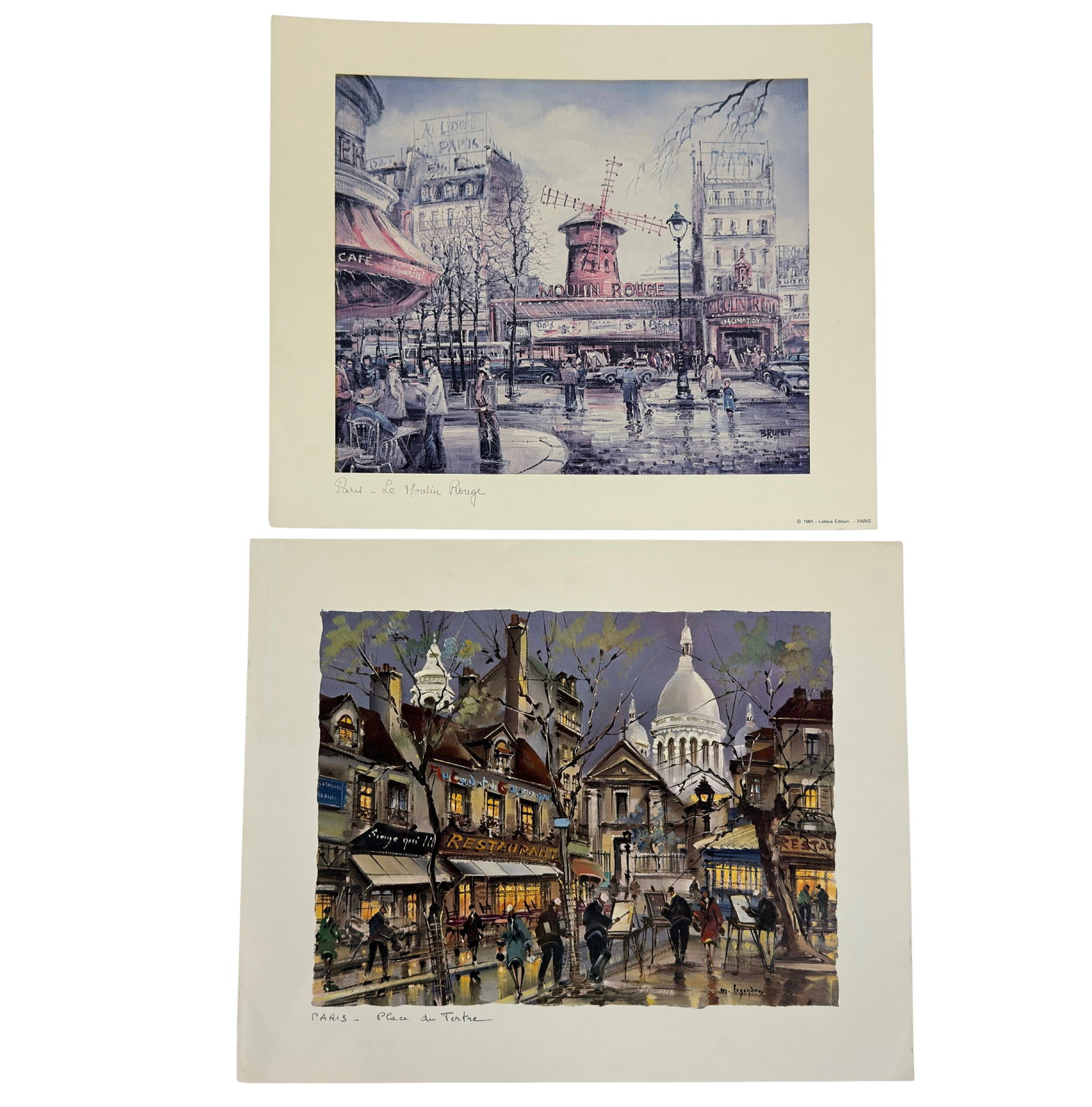 (2) MAURICE LEGENDRE AND BRUNET PARIS STREET SCENE: Dimensions: H 14.5” x W 18”. Paris-Place du Tertre print by Maurice Legendre and Paris-Le Moulin Rouge print by Brunet. (56)