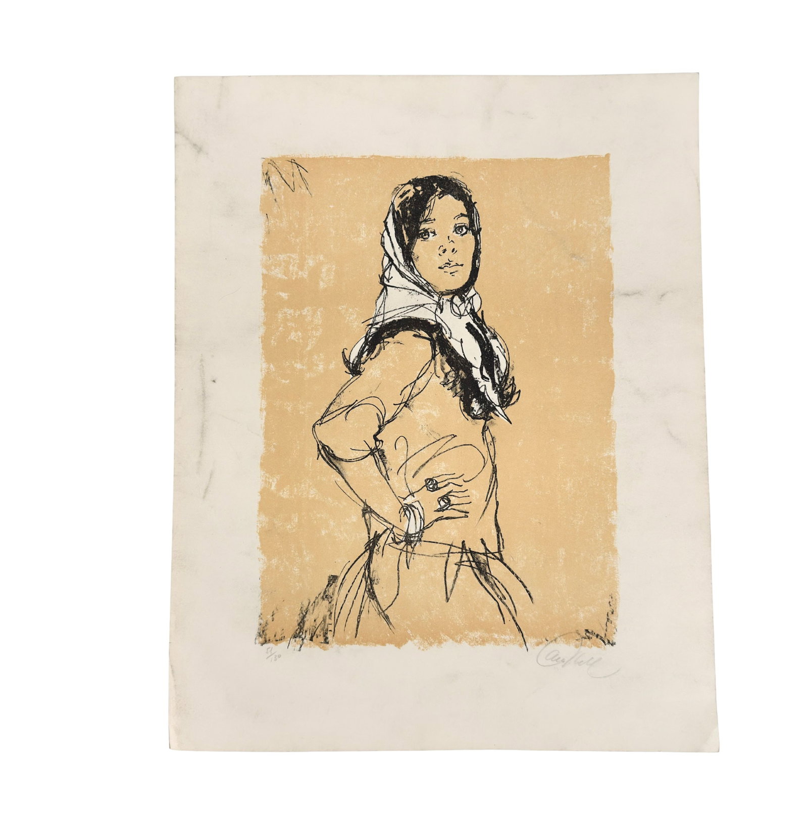 VINTAGE DRAWING OF A WOMAN, SIGNED: Dimensions: H 20” x W 16”. Pencil and brush drawing of a woman, unfarmed. Signed. (72)