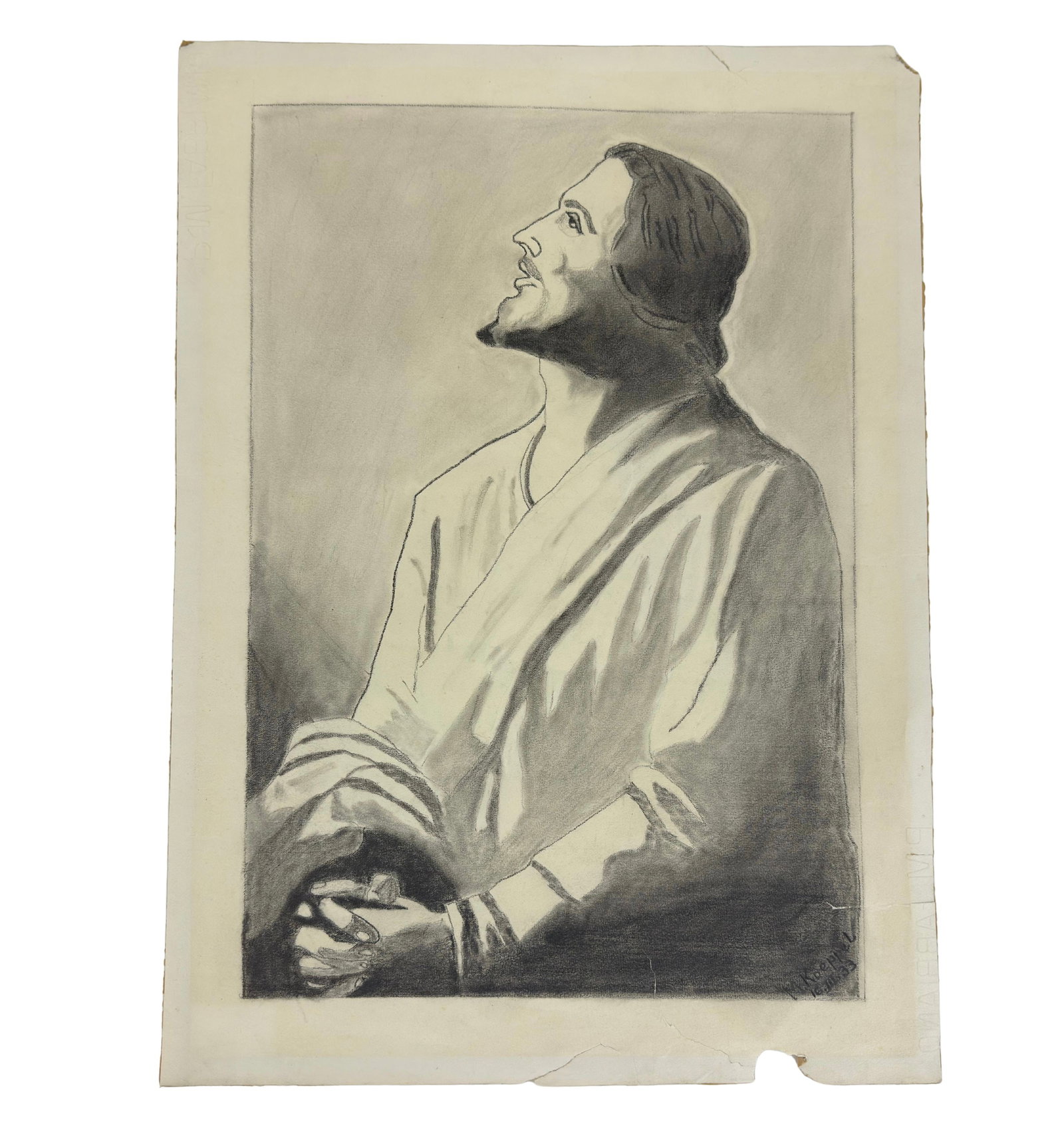 M. KOEPPEL CHARCOAL PORTRAIT: Dimensions: H 22.7” x W 16.5”. Charcoal portrait by M. Koeppel, from 1933. (54)