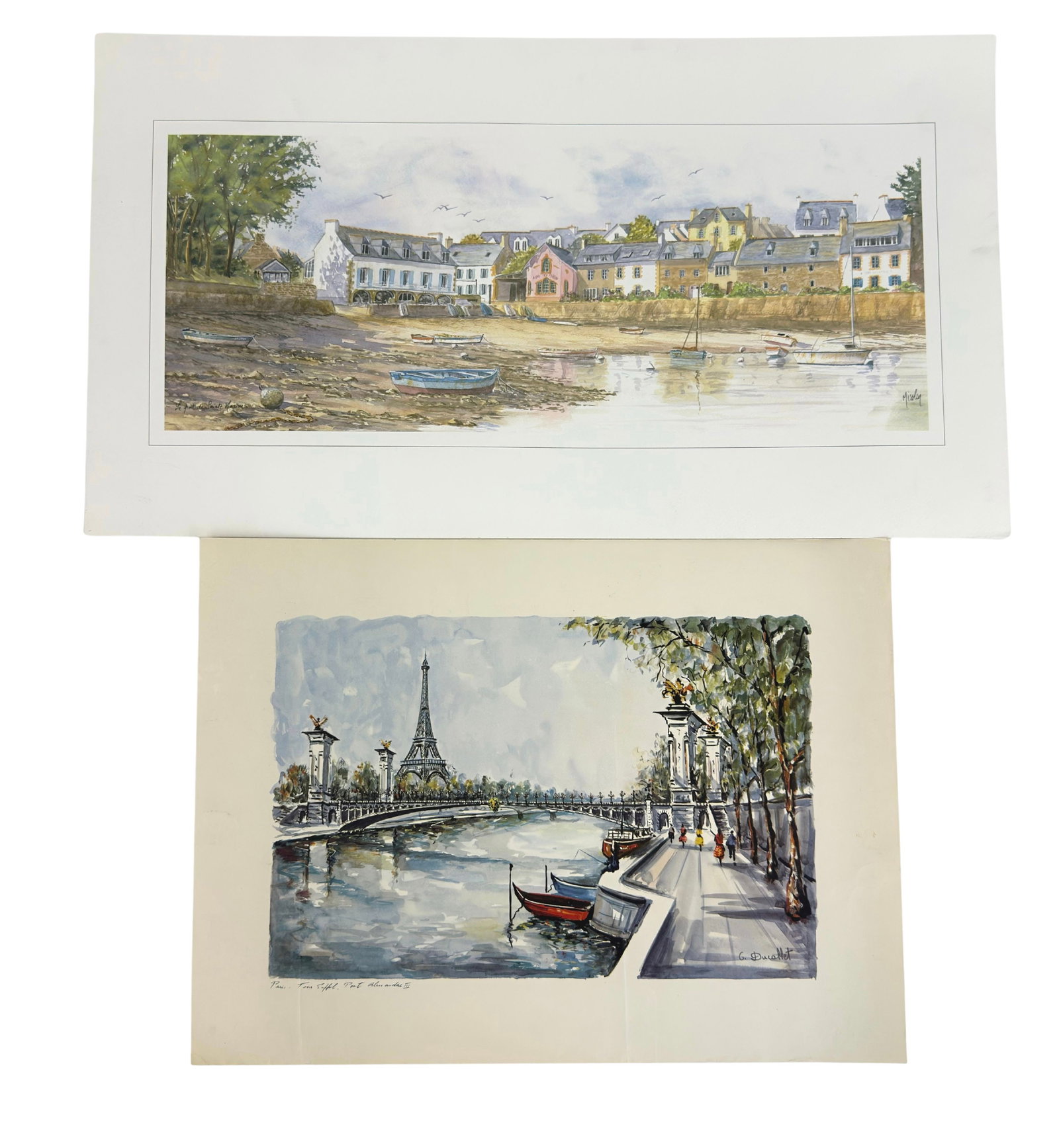 (2) VINTAGE WATERCOLOR PRINTS: Dimensions: H 13” x W 23.5”. Pair of Vintage watercolor prints by Claude Ducollet and Missley. (57)