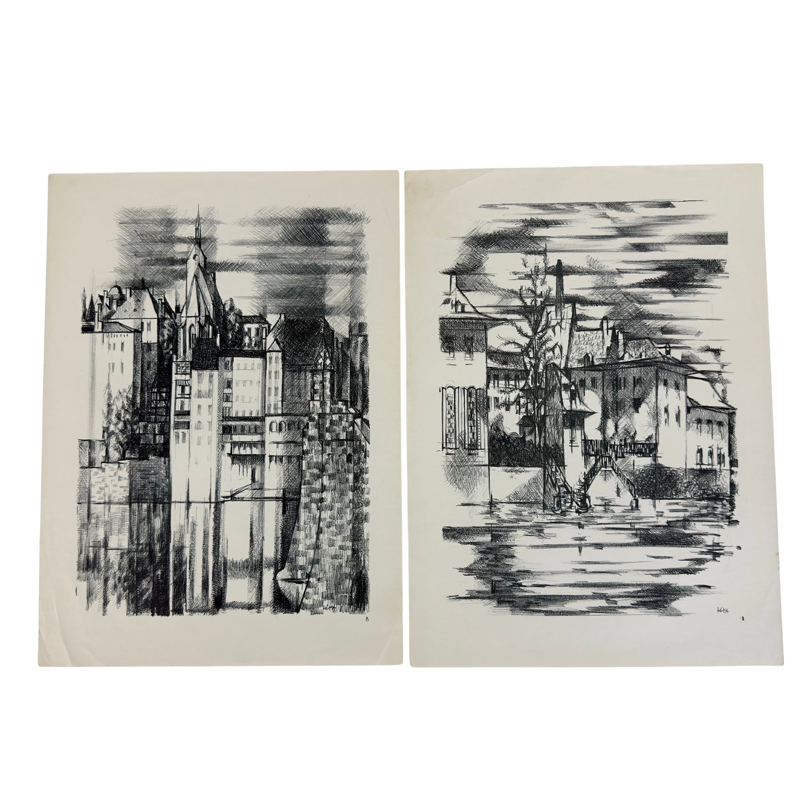 (2) VINTAGE BLACK AND WHITE DRAWINGS: Dimensions: H 16” x W 12”. Pair of black and white drawings, unframed. Signed. (58)