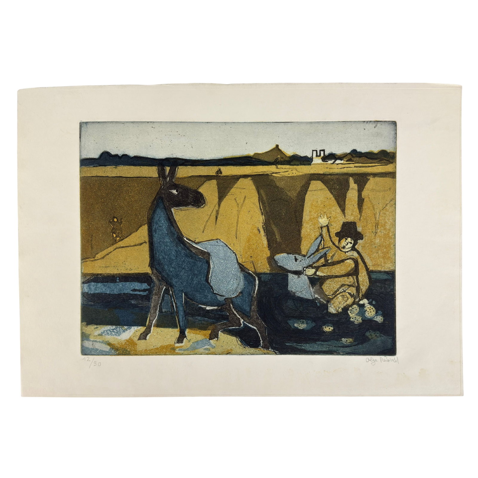 OLGA REIWALD ART WORK: Dimensions: H 14” x W 19.5”. Color lithograph by Olga Reiwald “La Fontaine: The Donkey and the Load of Salt”. (67)