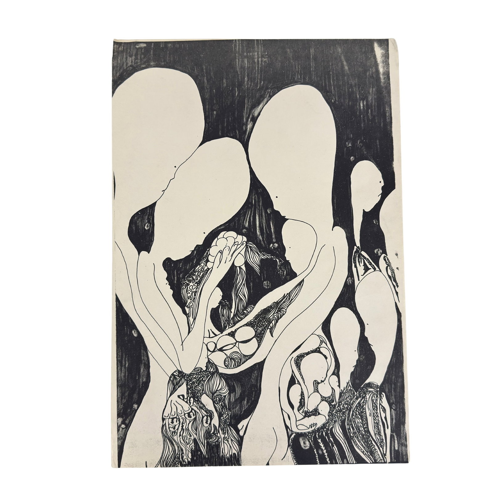 BLACK AND WHITE DRAWING: Dimensions: H 19” x W 13”. Black and white abstract figurative drawing, unframed. (74)