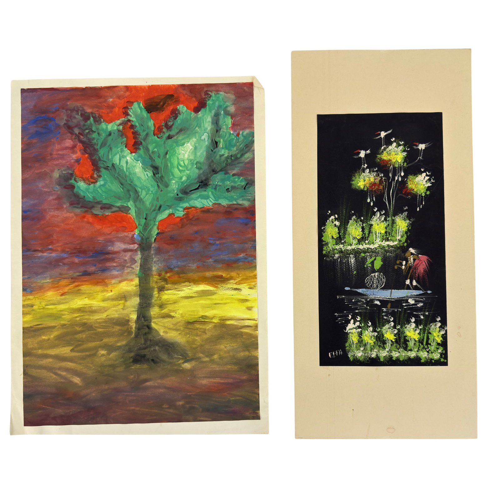 LOT (2) PAINTINGS: Dimensions: H 19.7” x W 9.3”. Set of 2 mixed media paintings. One of them signed. Dimensions: H 19.3” x W 13.3”. (66)