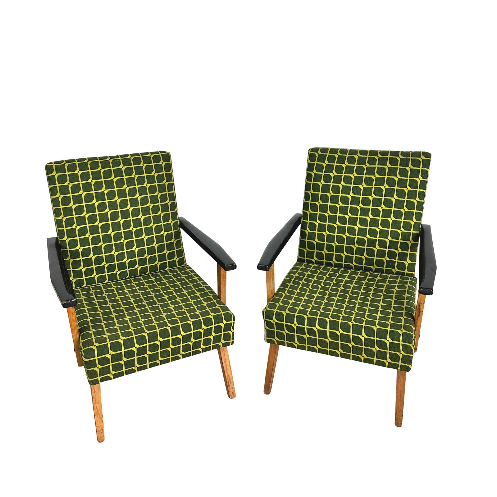 ART DECO DANISH LOUNGE CHAIRS, A PAIR: Dimensions: H 33” x W 24.5” x D 24.5” x SH 15.5”. Pair of Vintage Art Deco Danish lounge chairs with black lacquered armrest and original green upholstery.