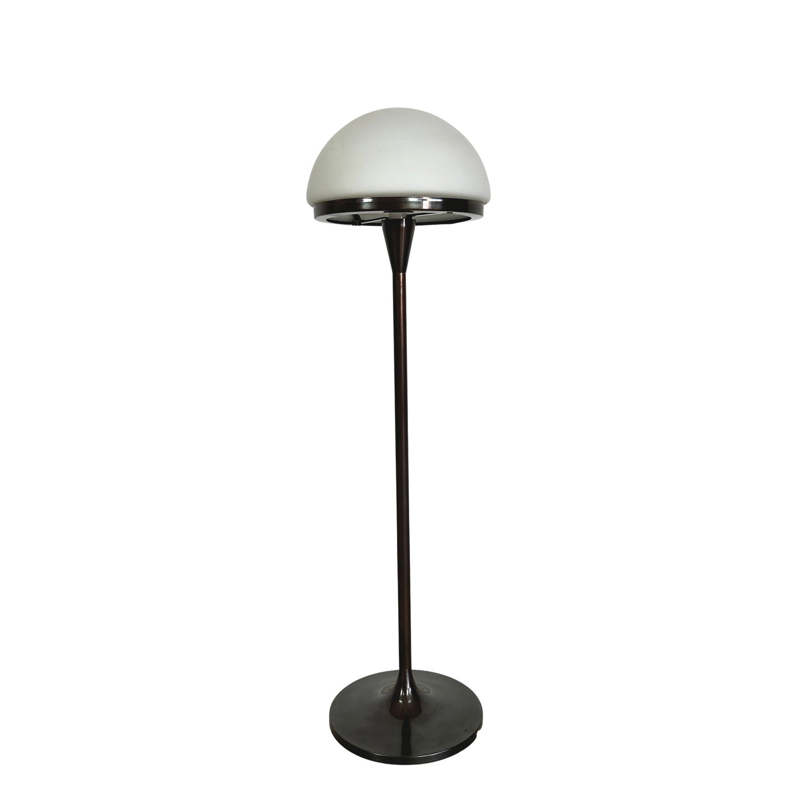 FLOOR LAMP ATTR. TO STILNOVO: Dimensions: H 53.3” x W 14”. Vintage floor lamp attr. to Stilnovo with with white glass dome shade and dark metal stem.