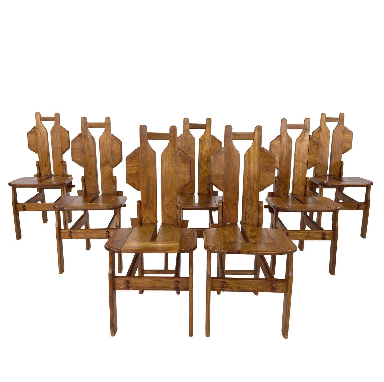 (7) ITALIAN BRUTALIST DINING CHAIRS: Dimensions: H 39.5” x W 17.3” x D 20” x SH 18.7”. Set of 7 Vintage Italian Brutalist Sculptural dining chairs from the 1970s.