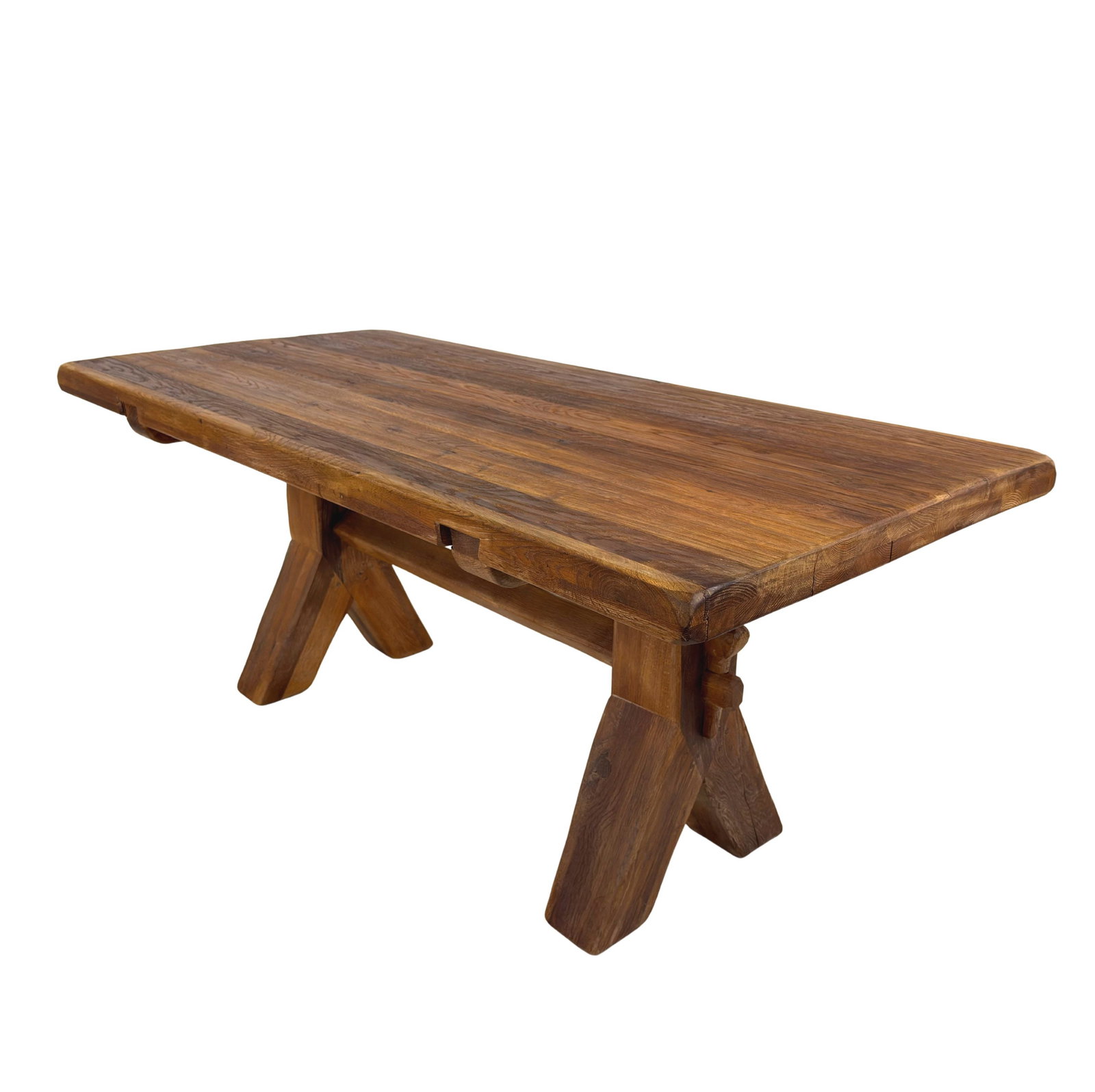 DE PUYDT DINING TABLE: Dimensions: H 29.7” x W 71 ” x D 33.7”. Vintage Belgian Brutalist oak dining table designed by De Puydt in the 1970s with trestle base.