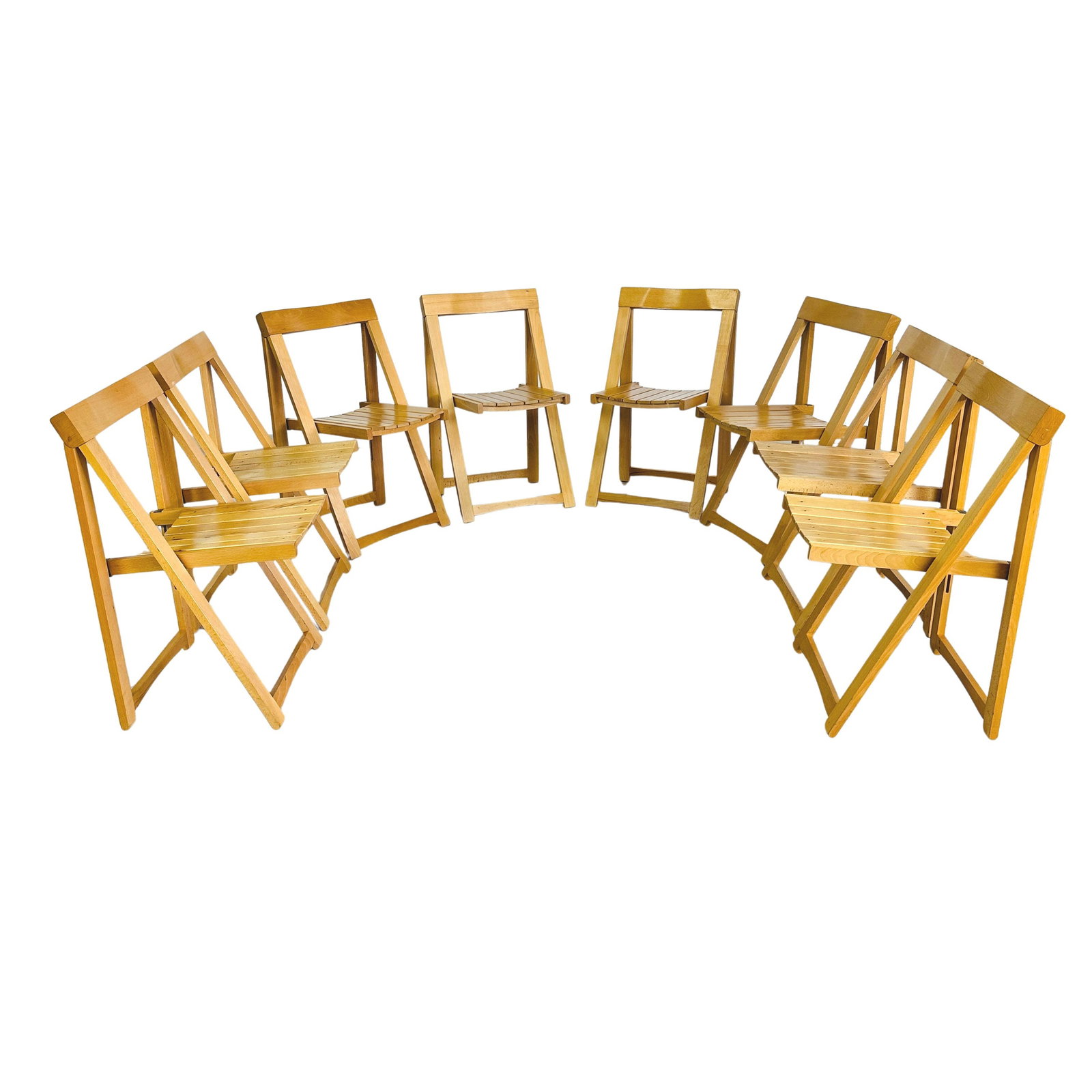 (8) ALDO JACOBER FOLDING CHAIRS, 1960s: Dimensions: H 30.5” x W 17.9” x D 17.9” x SH 17.7”. Set of 8 Vintage Italian Trieste folding chairs designed by Aldo Jacober for Alberto Bazzani, new in box.
