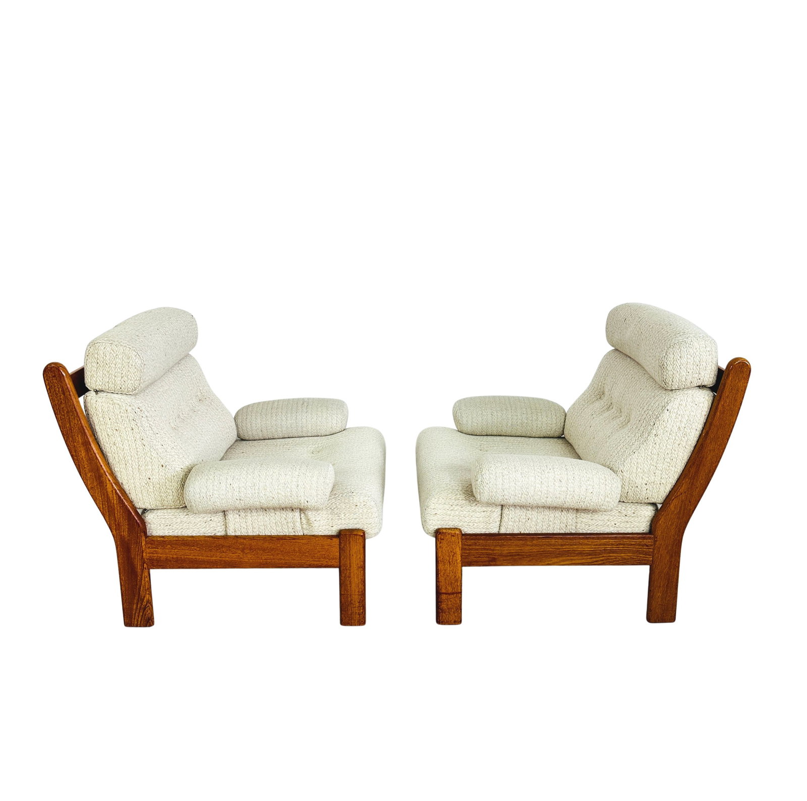 DANISH LOUNGE CHAIRS, A PAIR: Dimensions: H 32” x W 31.3” x D 32” x SH 16”. Pair of Vintage Danish lounge armchairs newly upholstered in off-white fabric, 1970s.
