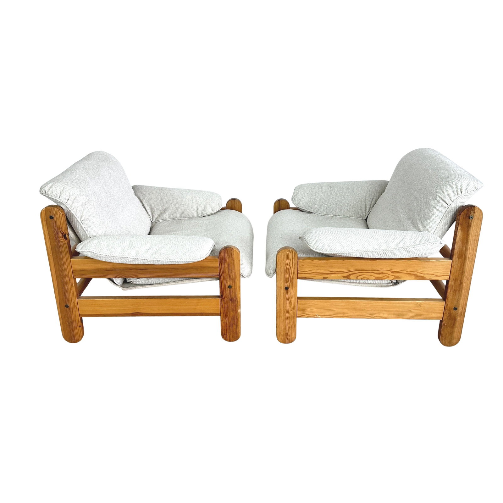 PINE EASY CHAIRS IKEA, A PAIR: Dimensions: H 28” x W 37.5” x D 33” x SH 17.7”. Pair of Vintage easy chairs with pine frames and newly upholstered cushions from Ikea, 1970s.