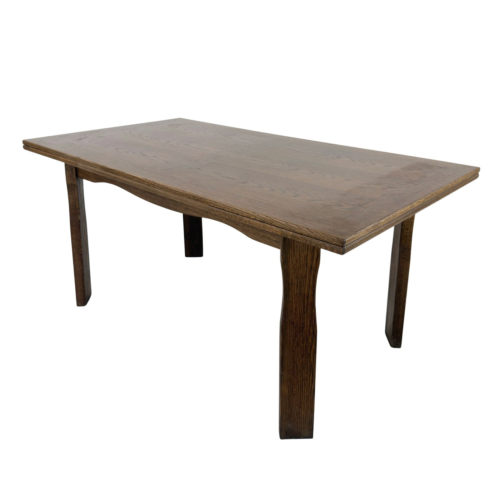 BRUTALIST EXTENDABLE DINING TABLE: Dimensions: H 30” x W 62.5” x D 35 ”. Vintage Dutch Brutalist oak extendable dining table. Dimensions: (extended) 98”.